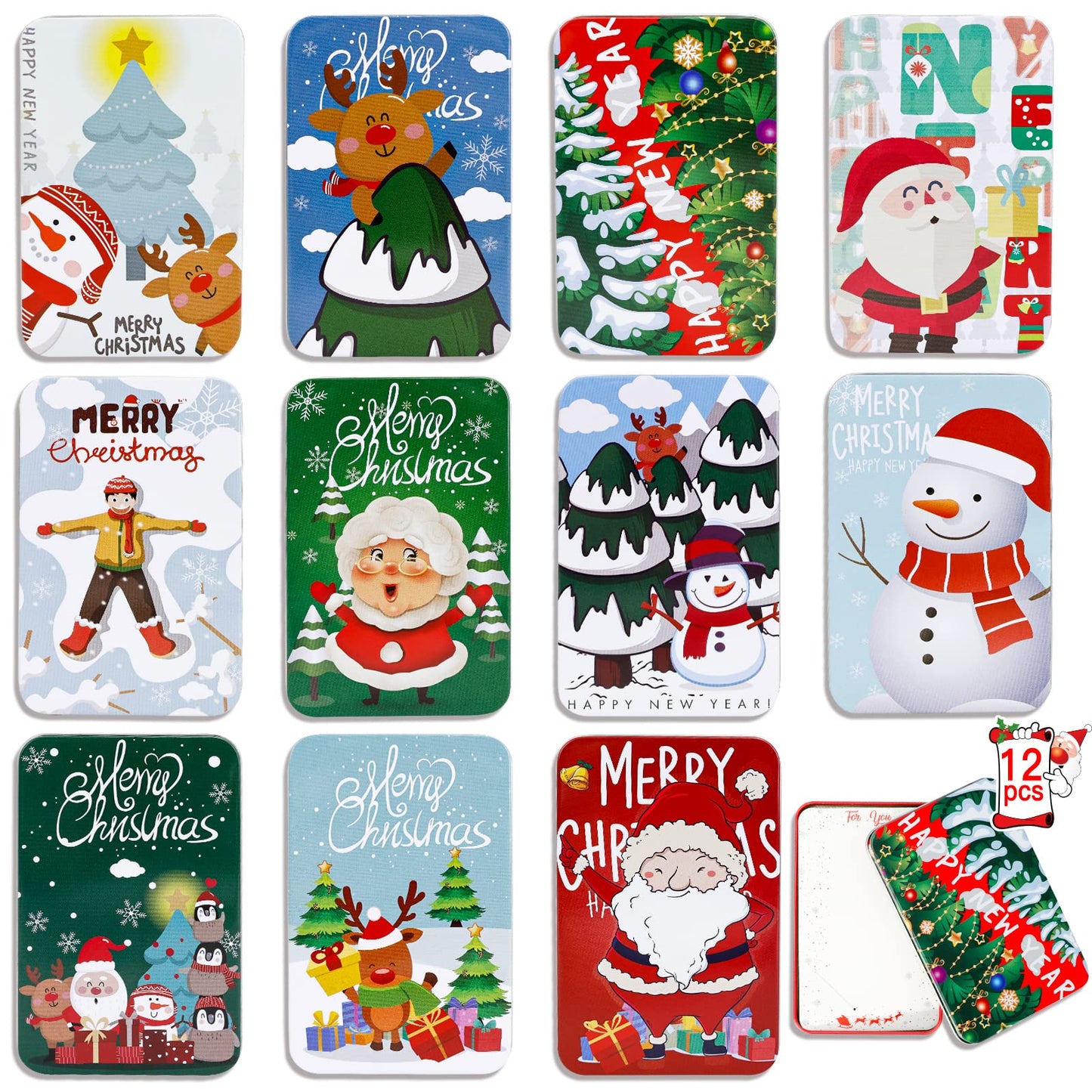 MGparty 12 PCS Christmas Gift Card Tin Boxes For Christmas Greeting Cards, Christmas Metal Tin Small Gift Boxes With Lids For Xmas Stocking Stuffers Party Favors,Christmas Holiday Gift Box Set