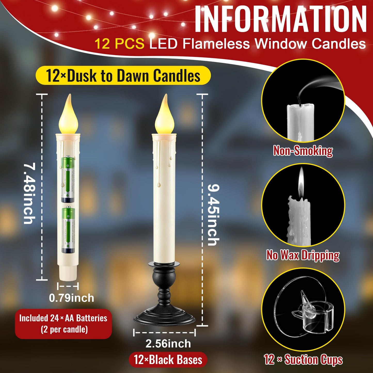 12 Pack Battery Operated Window Candles with Sensor Dusk to Dawn, Ivory Flameless Taper Candlesticks with Removable Black Base & Suction Cups, LED Candlestick for Christmas Decor Home, 24 AA Batteries