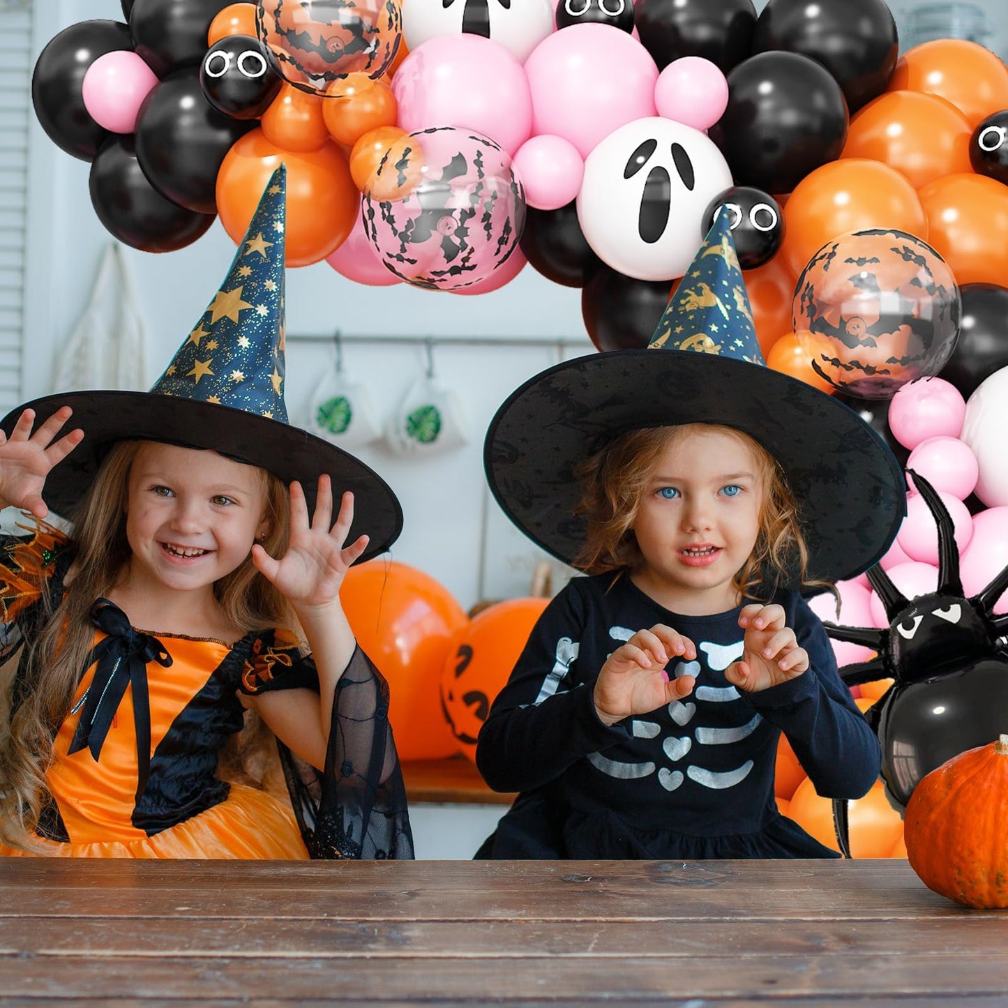 Halloween Balloons Arch Pink Black Orange Balloons Garland with Spider Foil Black Orange Pink Latex Balloon Bat Ghost Eyes Balloon for Party Haunted House Birthday Decorations