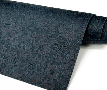Western Style Bump Texture Geometric Pattern 2.0mm(5-5.5oz) Genuine Leather Sheet, Floral Tooling Craft Leather for DIY Projects（Navy Blue | Pattern 12"x24"）