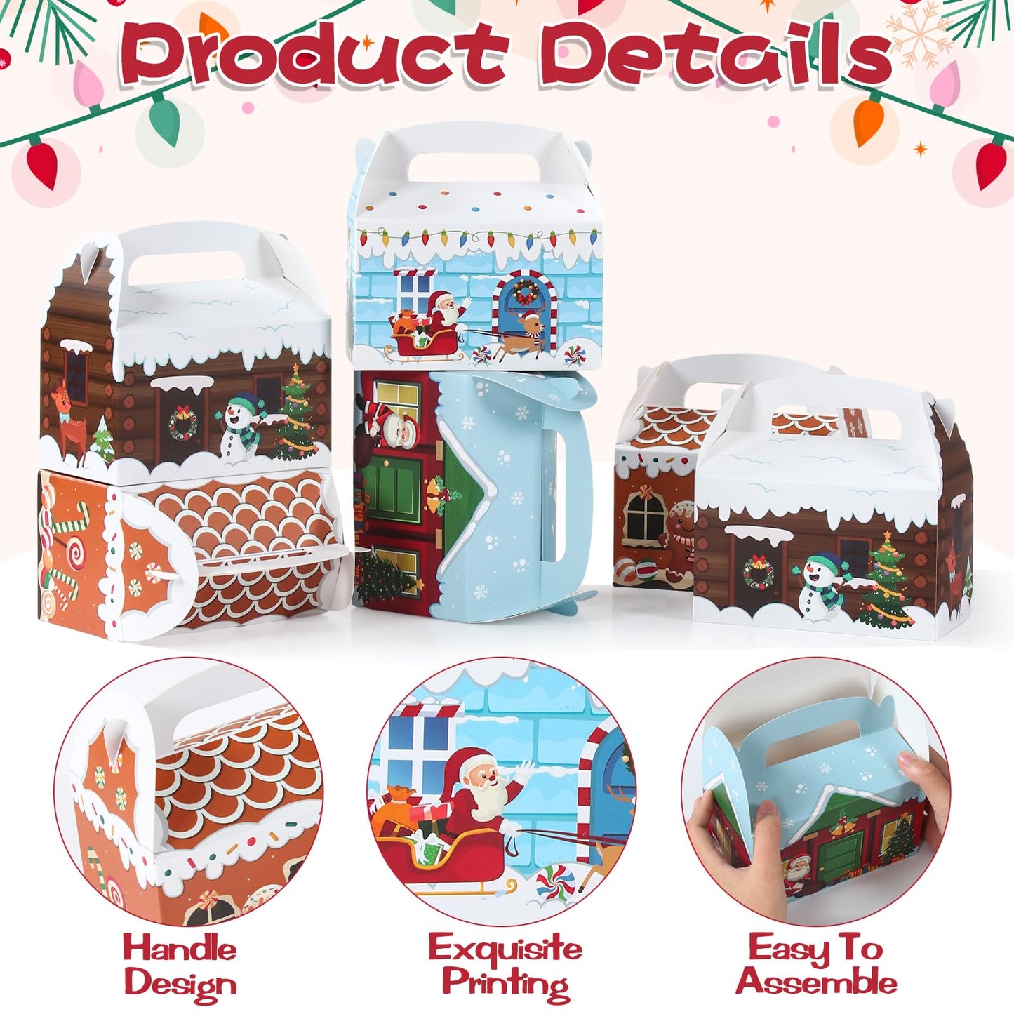 Patimate 24pcs Christmas Cookie Boxes for Gift Giving, 4 Style 3D Xmas House Cardboard Treat Boxes with Handles for Christmas Goodie Candy Holiday Party Favor Supplies