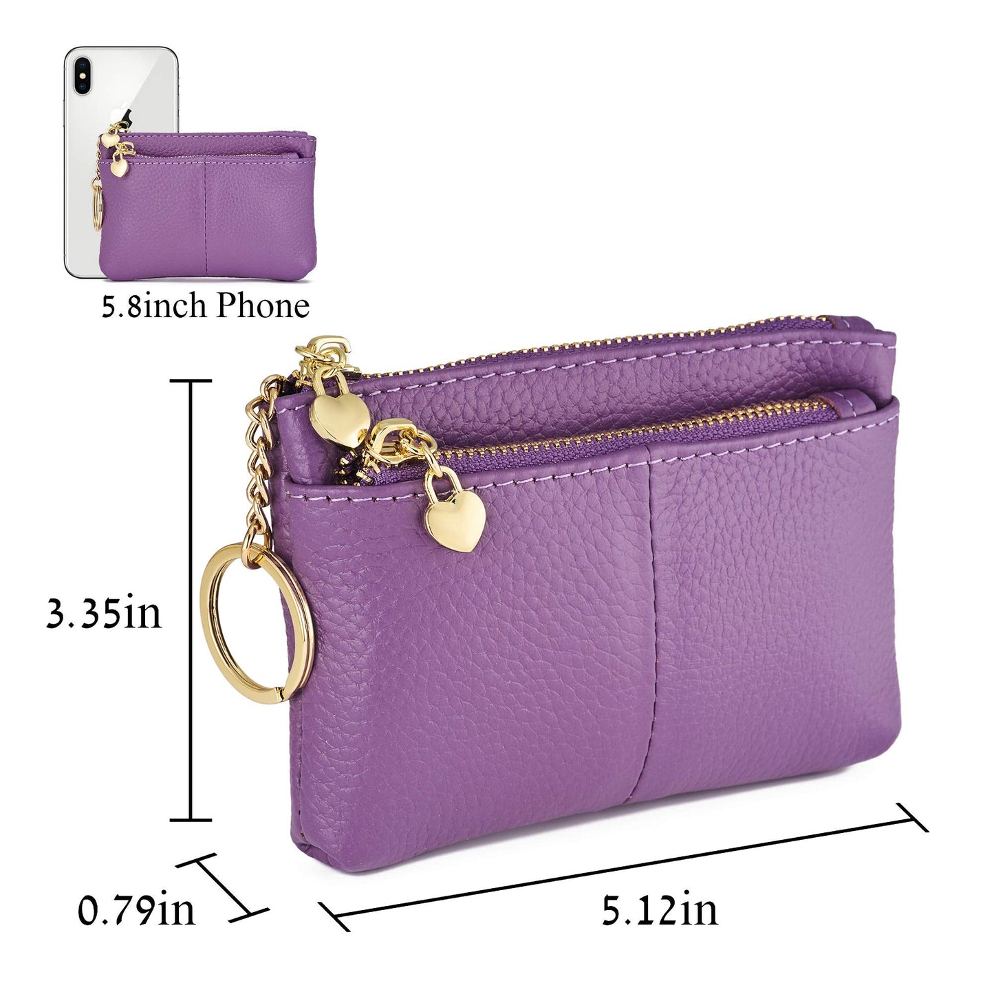 ZOOEASS Coin Purse Women Genuine Leather Zip Mini Purse With Key Ring Triple Zipper Card Holder Wallet(Lavender)