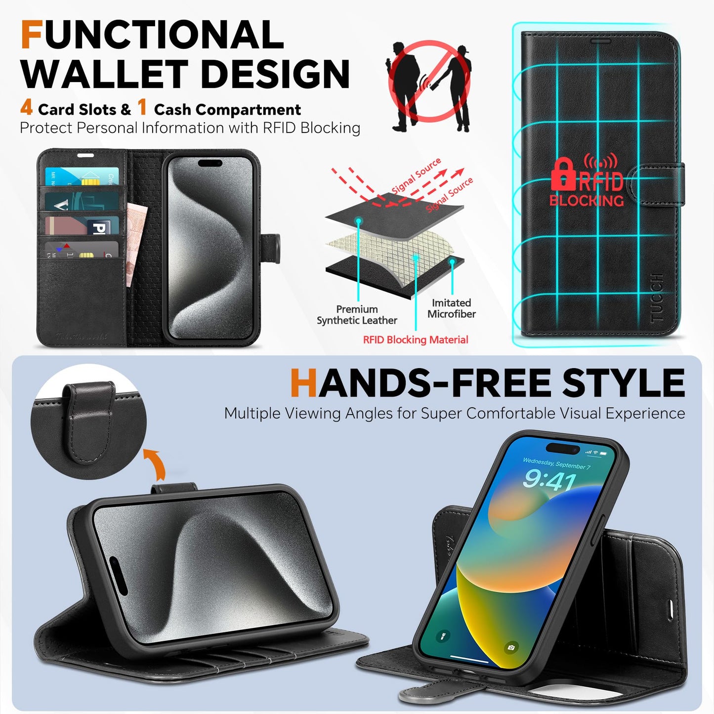 TUCCH Case Wallet for iPhone 15 Pro, Detachable Stand RFID Blocking 4 Card Slot Wireless Charging Shockproof Case, 2-in-1 Magnetic PU Leather Removable Folio Compatible with iPhone 15 Pro 6.1", Black