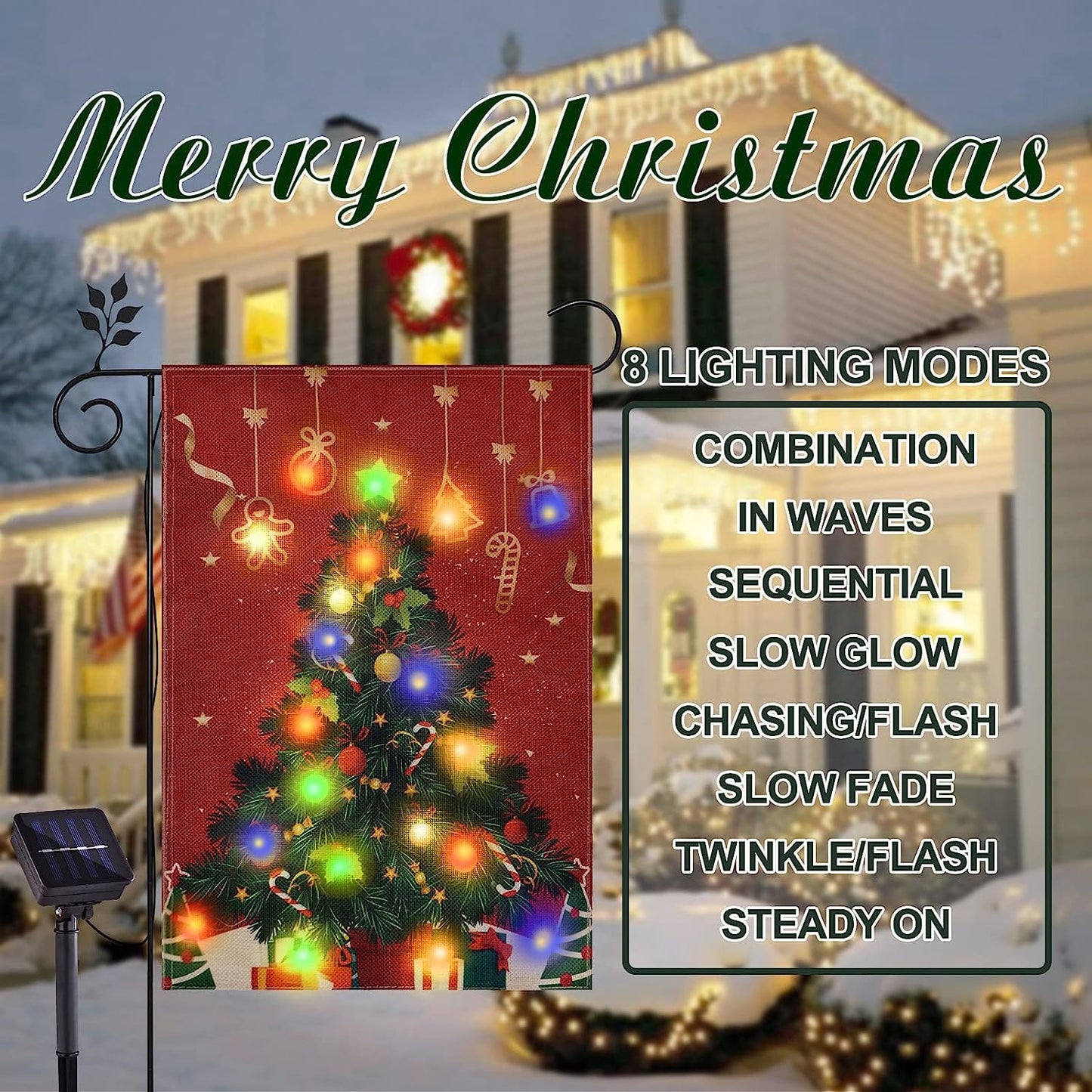 FLAGMESAGE Lighted Christmas Garden Flag for Outside, Solar LED Xmas Tree Flag Decoration, 12x18 Double Sided Outdoor Yard Lawn Decor