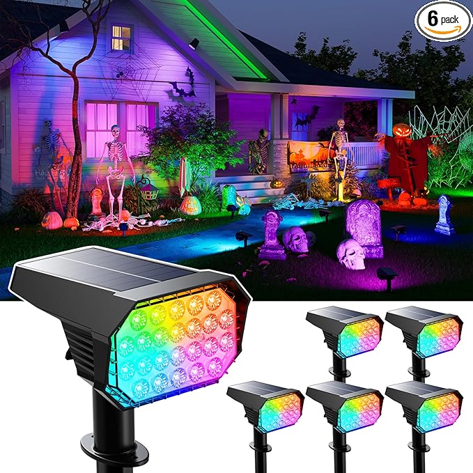 6 Pack Color Changing Solar Powered Outdoor Spot Lights for Halloween Decorations, Skeletons, Tombstones, Ghost, Outside Landscape Waterproof 24 LEDs Spotlights for House Yard Tree, Garden, Statues