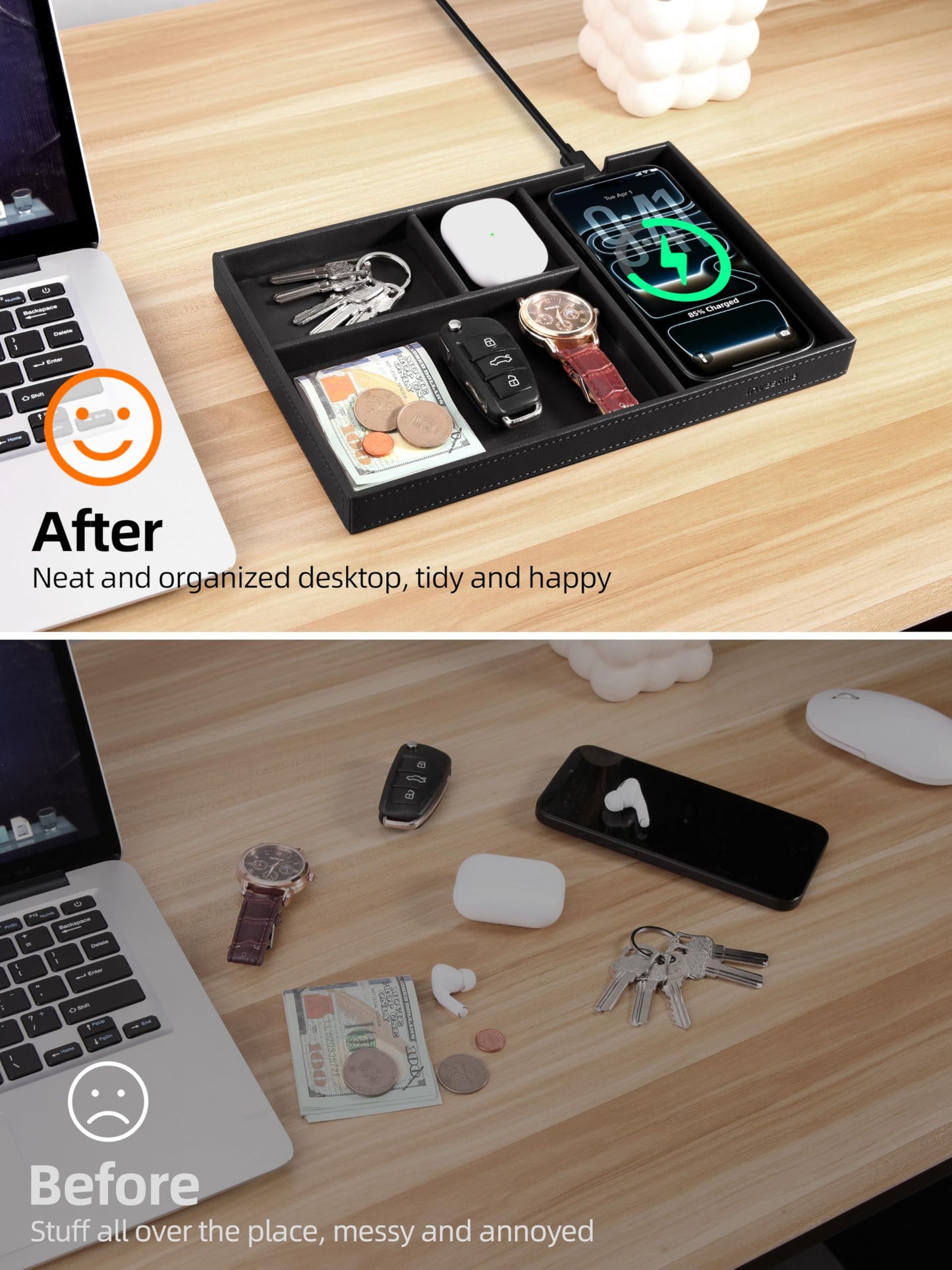 Valet Tray, Built-in Wireless Chargers, PU Leather Nightstand Organizer, Desk Bedside Caddy Organizer Tray for Men Women, EDC Catchall Trays for Keys, Watch, Phone, Jewelry, Black