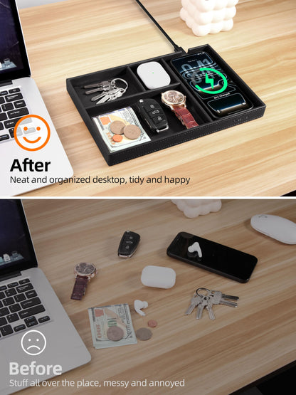Valet Tray, Built-in Wireless Chargers, PU Leather Nightstand Organizer, Desk Bedside Caddy Organizer Tray for Men Women, EDC Catchall Trays for Keys, Watch, Phone, Jewelry, Black