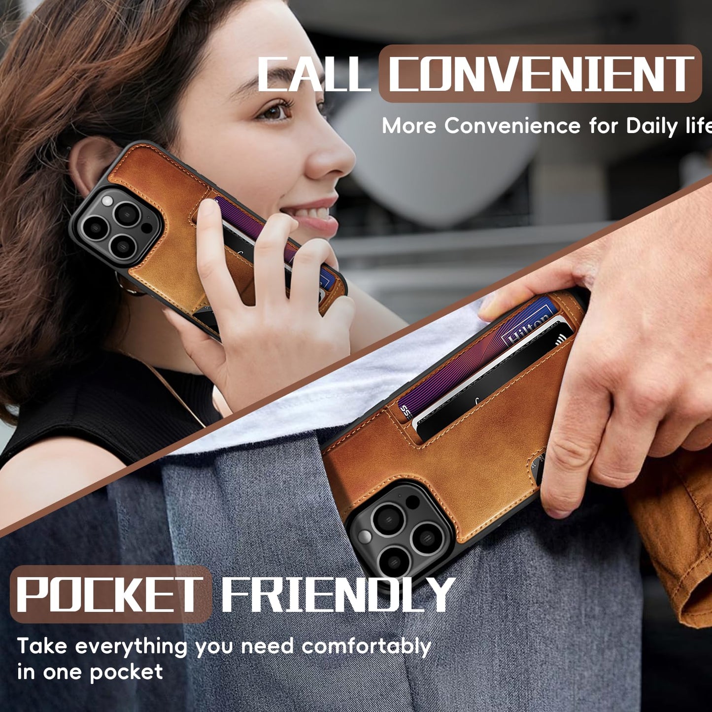 KSELF Leather Case for iPhone 16 Pro Max with Card Holder Soft Leather Wallet Case, Protective Slim Shockproof Phone Cover for Man Women (Brown)