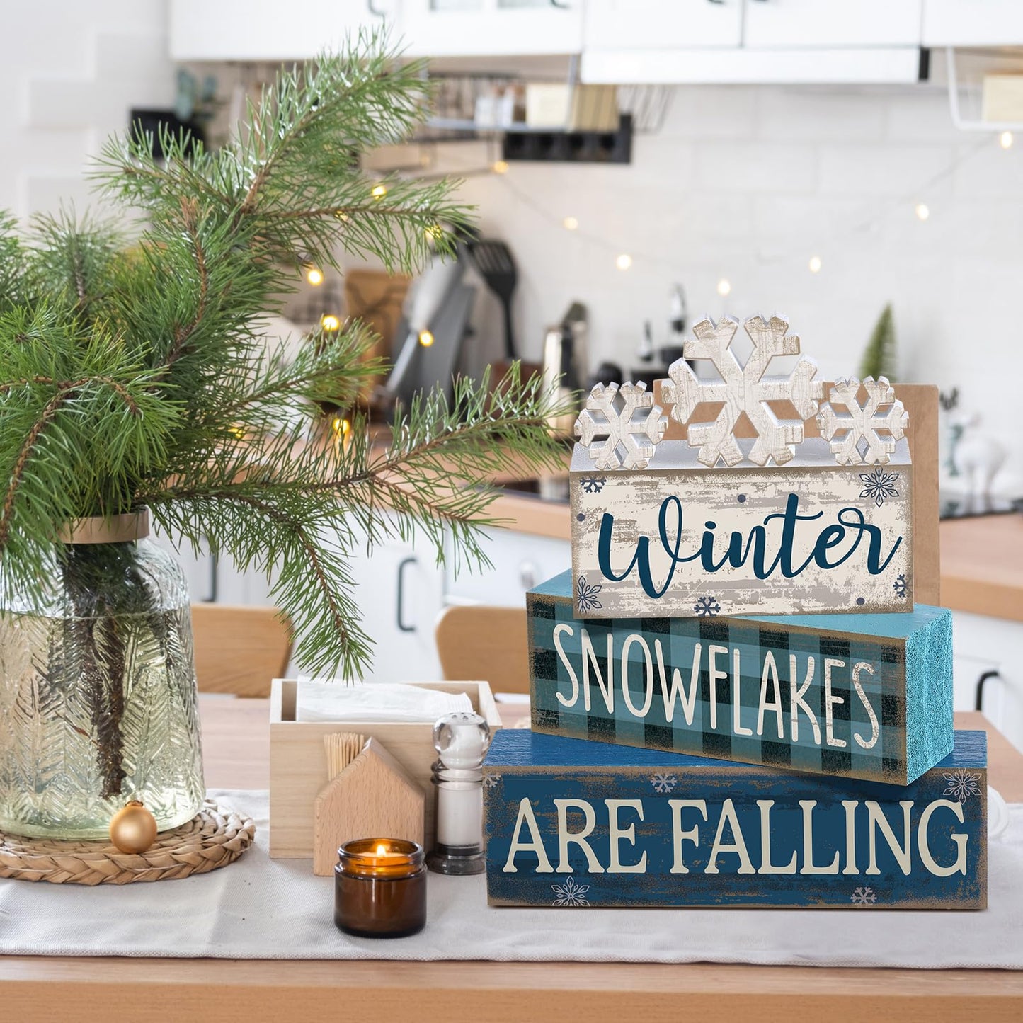 Yuntau 6 Pcs Winter Snowflakes Table Decorations Christmas Snowflake Centerpieces for Tables Winter Tiered Tray Decor Rustic Wood Snow Sign Farmhouse for Wonderland Party Kitchen Shelf Home