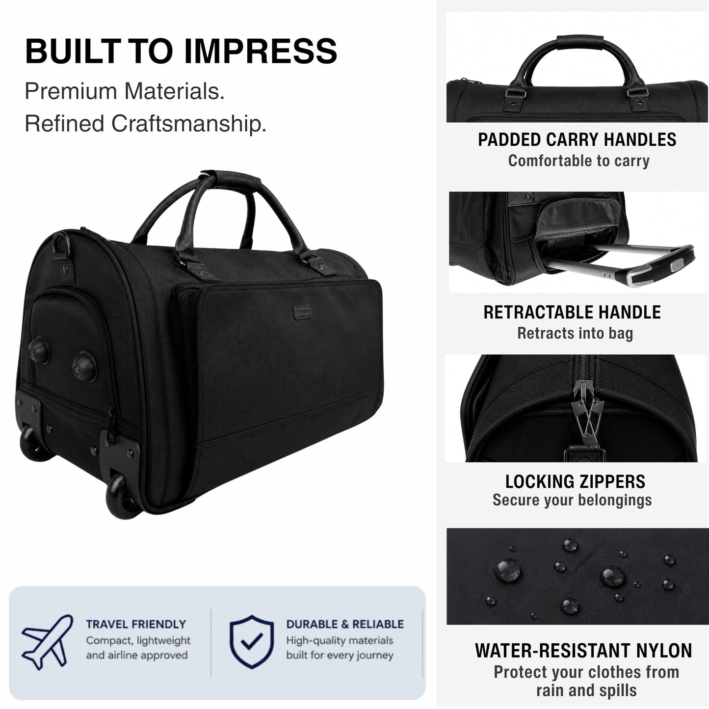 Cozy Cruiser Rolling Garment Bag with Wheels, Carry On Garment Duffle Bag for Travel, Convertible Wheeled Suit Bag for Men, Wrinkle-Free Business Travel Luggage with Shoe Pocket & Retractable Handle
