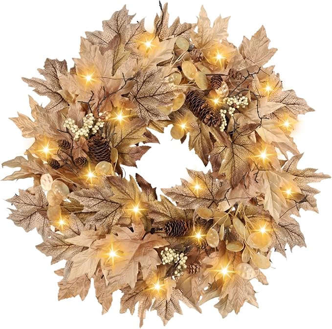 22 Inch Fall Wreaths for Front Door Outside Timer Function Pinecones Berries Autumn Fall Wreaths with 30 Warm Lights Home Porch Door Yard Harvest Mantle Window Decor
