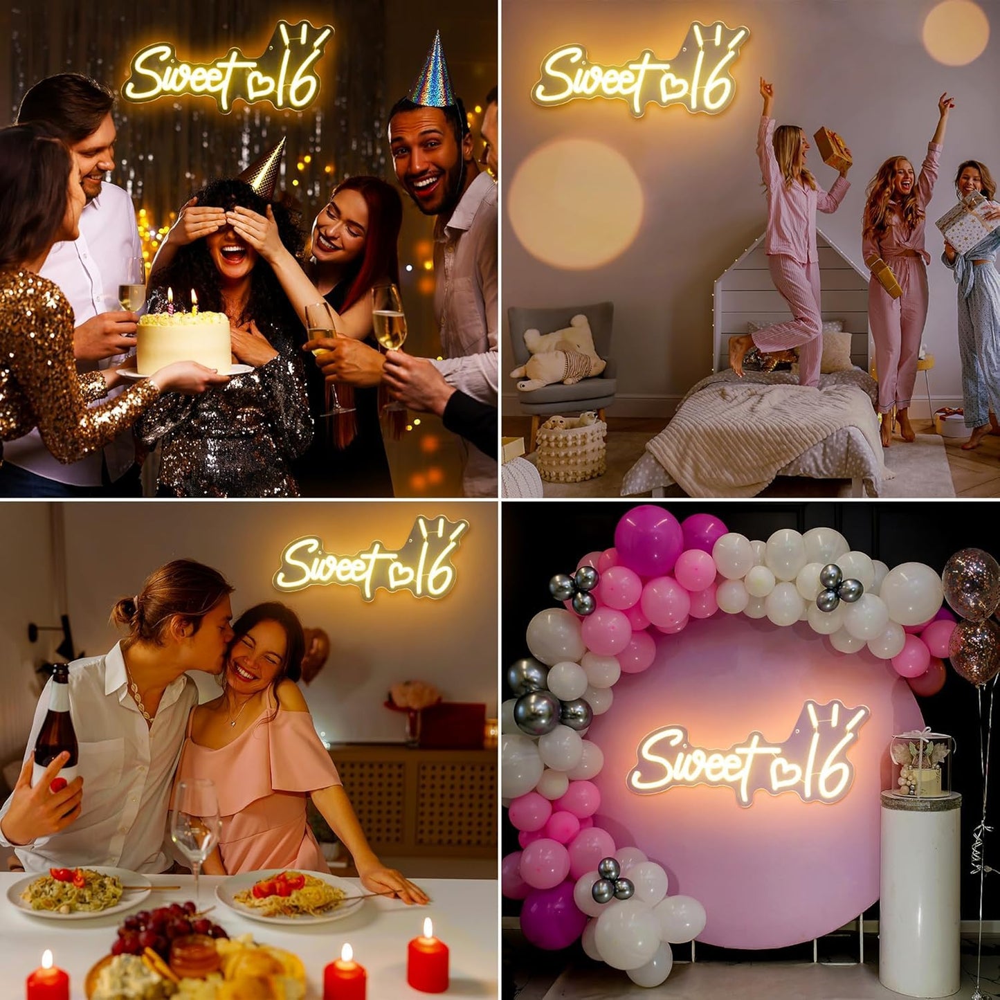 Sweet 16 Neon Sign, Cute Dimmable Light Up USB Powered LED 16th Birthday Party Neon Sign Light Hanging for Wall Decor Bedroom Sister Daughter Girl's Sixteen Party Decorations Gift (Warm White)