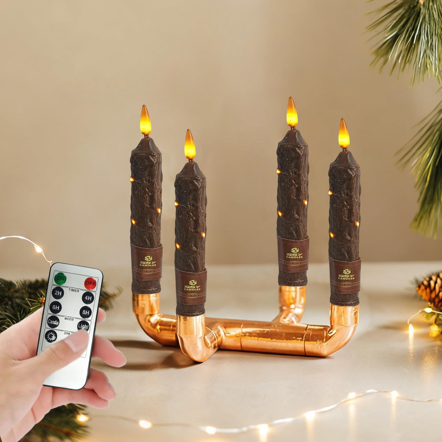 XINAOBAOLUO 6.5 inch Flameless Brown Taper Candles Flickering with 10-Key Remote, Battery Operated Led Warm 3D Wick Light Window Candles Real Wax Pack of 4, Christmas Home Wedding Decor