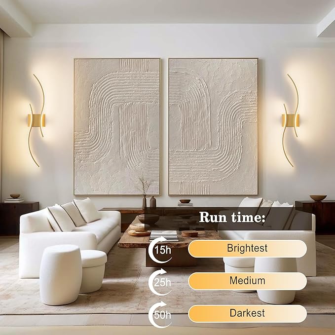 Battery Operated Wall Sconces Set of Two with Remote Control, Stepless Colors 3000K-6000K & Dimming, LED Gold Wireless Wall Light for Living Room, Hallway, Bedroom, 27.5 Inch (2 Pack)