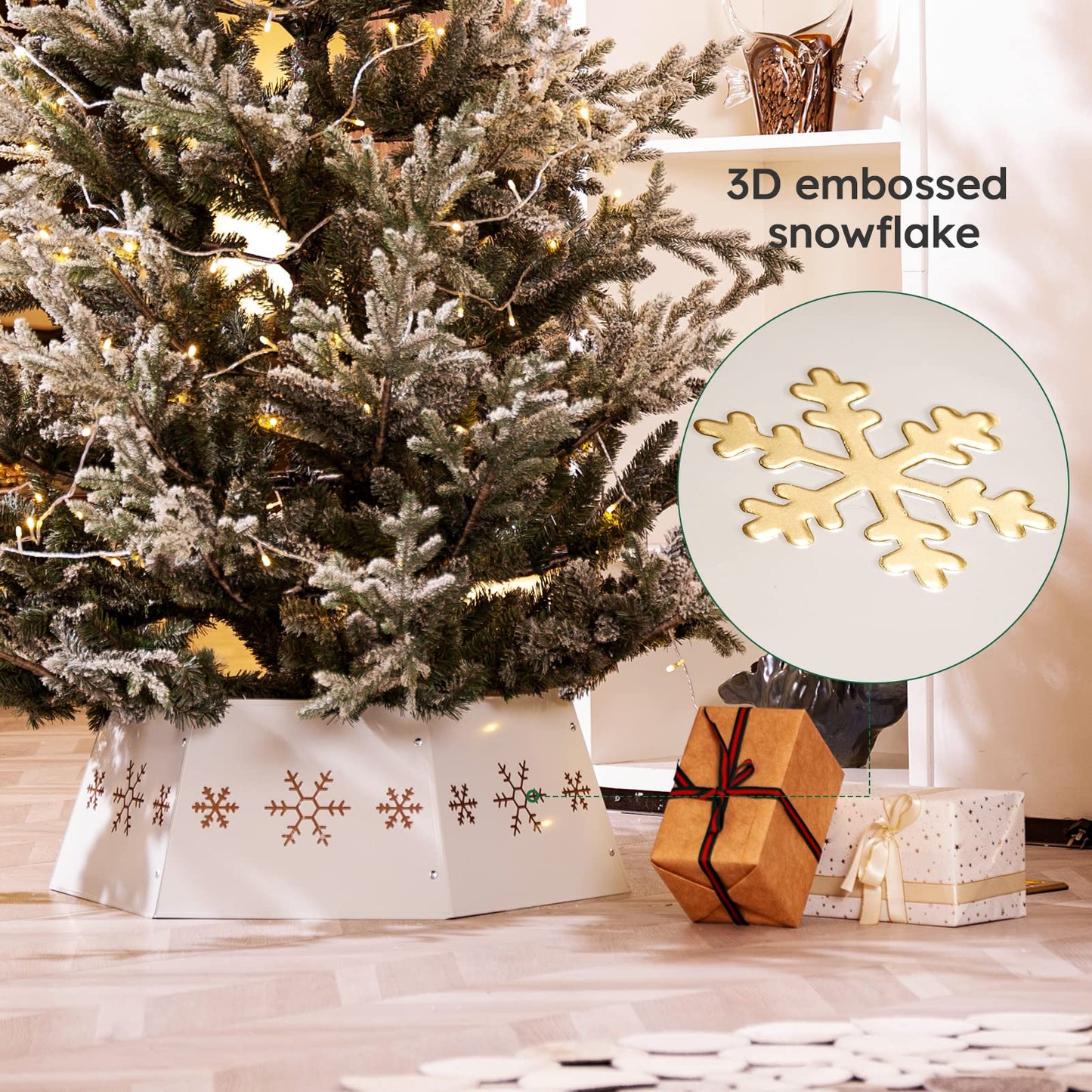 HarcoHome Metal Christmas Tree Collar with 3D Snowflake Authentic, Hexagon Heavy-Duty Iron Tree Base Cover for Pencil Tree, Tree Ring, Tree Skirt for Xmas Decor (Cream with Gold Flakes)