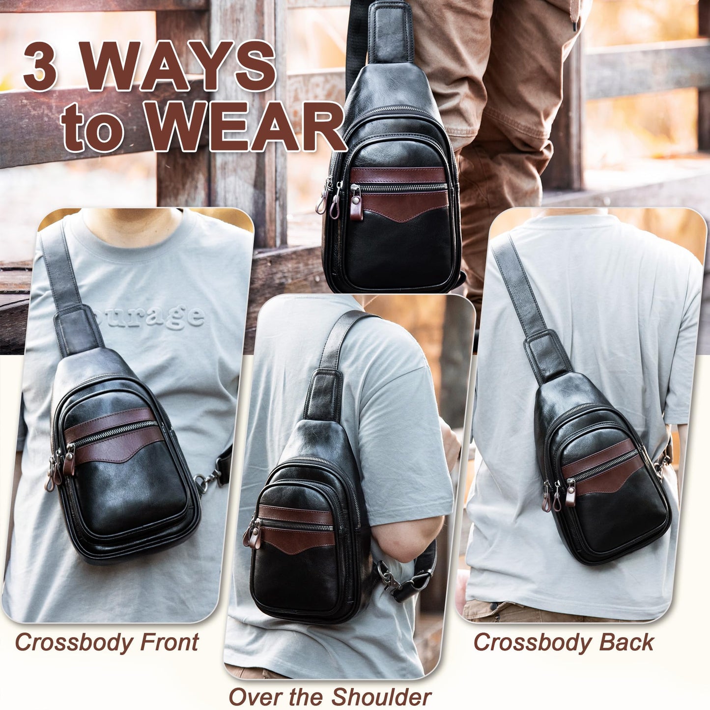 Genuine Leather Sling Bag for Men and Women Crossbody Shoulder Bag Sling Backpack Chest Purse Carry on Casual Daypack(Black)