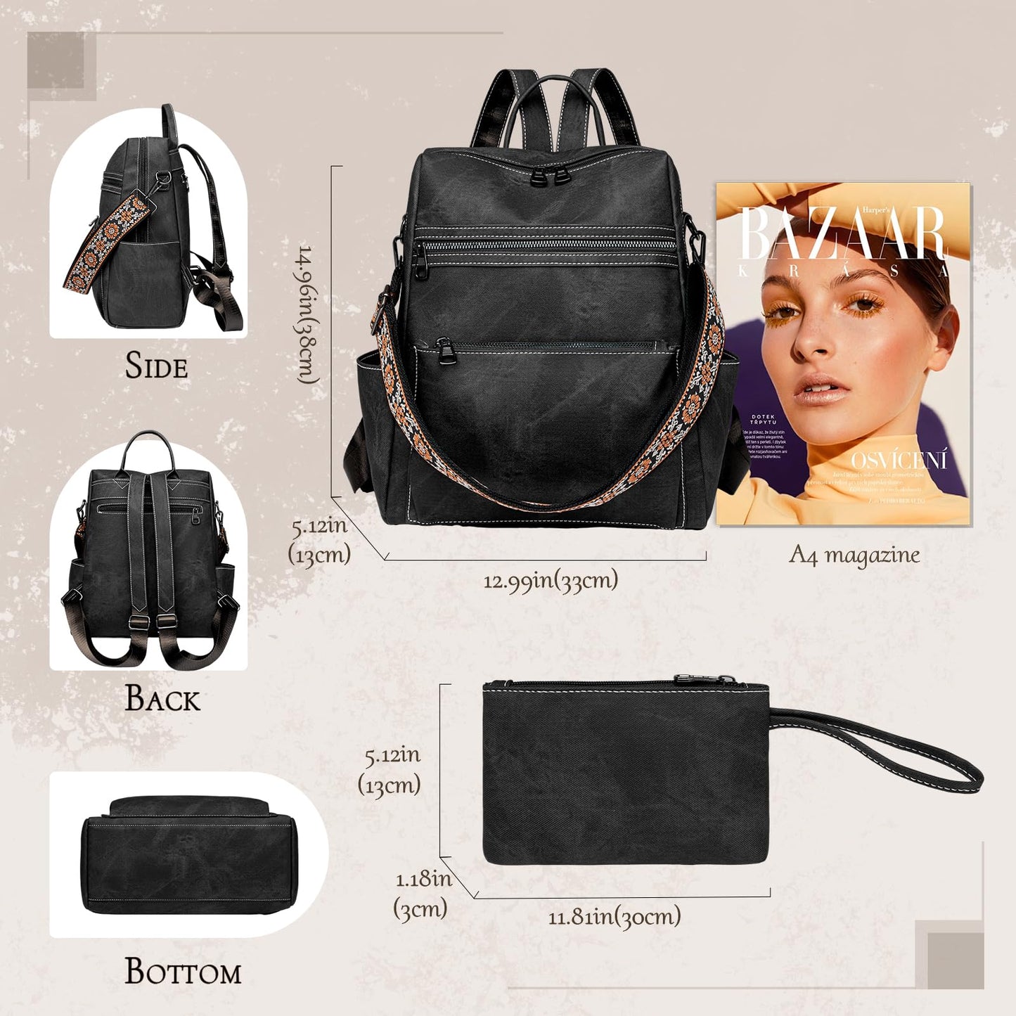 Puwuzixi Backpack Purse for Women, Waterproof PU Leather Back pack, Lightweight Fashion Multipurpose Convertible Travel Backpack Purse Shoulder Bag Handbag, Black
