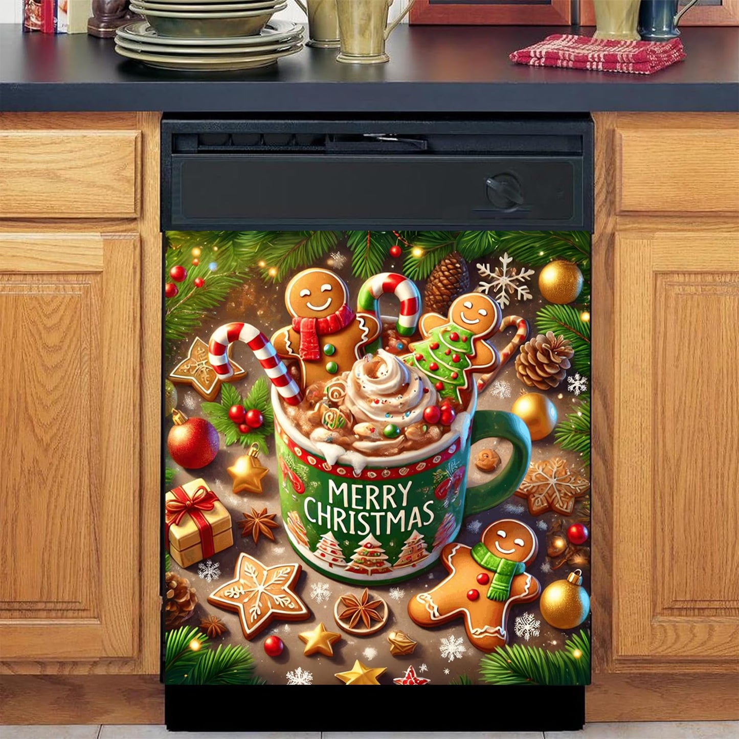 BVBOX Christmas Dishwasher Magnet Cover 23"x26", Reusable Magnetic Refrigerator Covers, Dishwasher Magnets Decorative Cover Fridge Door Skin Panel Stickers (Gingerbread Man Cocoa)