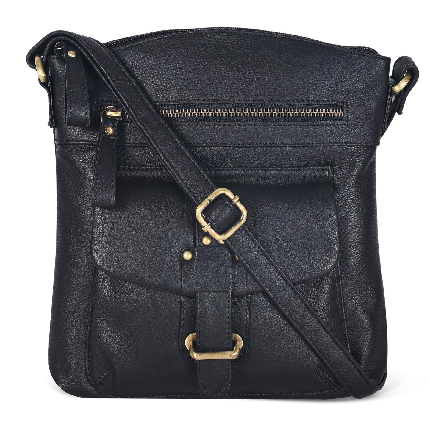 Oak Leathers Leather Crossbody Bag For Women With Adjustable Sling Strap - Medium Size Crossover Shoulder Handbag Purse (Black Smooth)