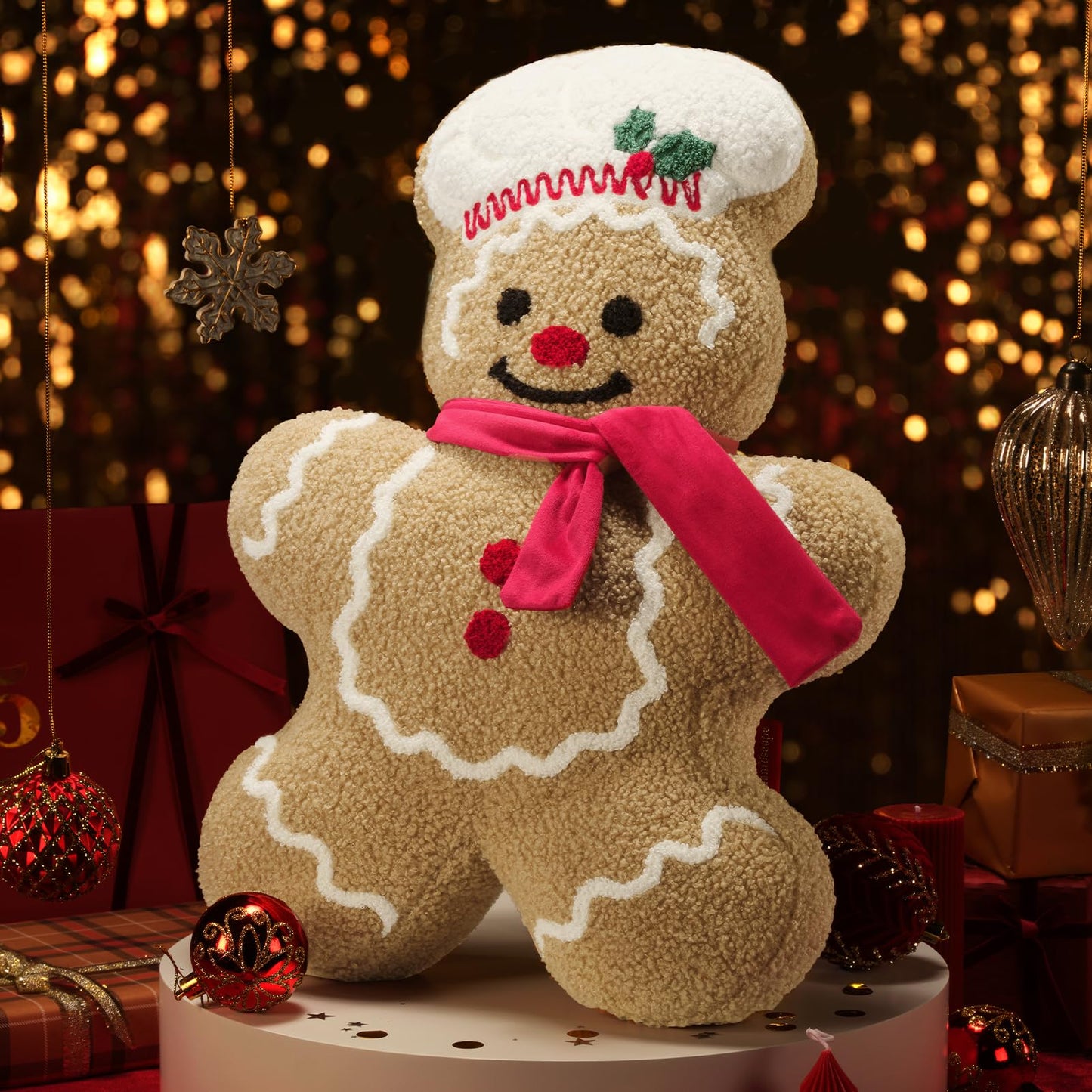 Phantoscope Gingerbread Merry Christmas Throw Pillow, Plush Teddy Xmas Gingerbread Shaped Pillows with Chef Hat & Scarf, Christmas Decorative Pillow for Couch Living Room Bed, Beige, 20 x 13.5 inches