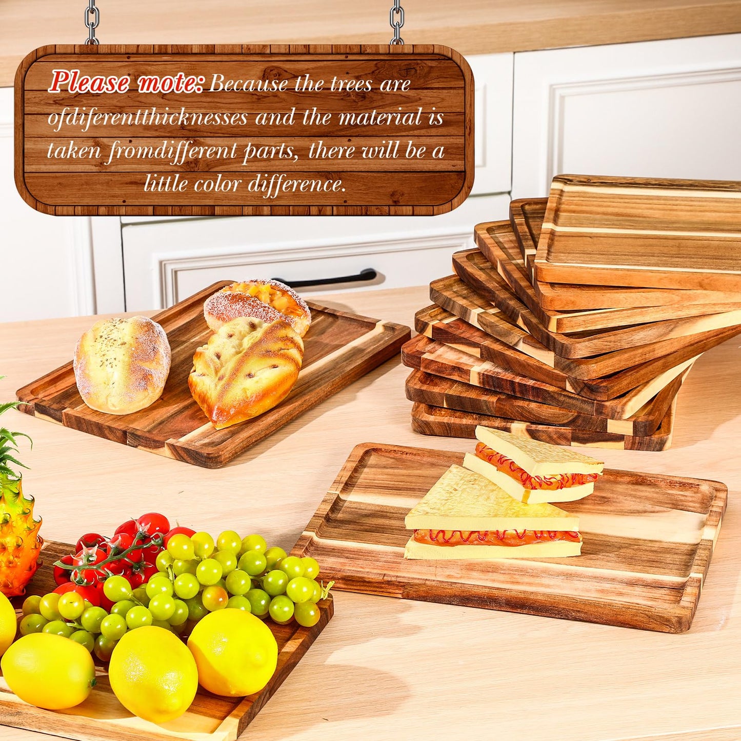 Roshtia 12 Pcs Acacia Wood Serving Tray Rectangular Wooden Serving Platter Christmas Dinner Plates Wood Cheese Charcuterie Board for Food Vegetable, Charcuterie, Appetizer (10'' X 14'' X 0.6'')