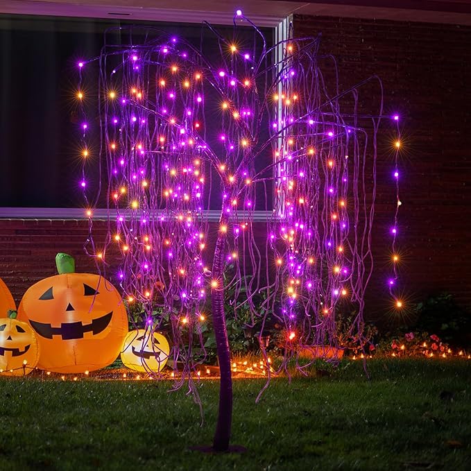 LIGHTSHARE 7 Feet Halloween Willow Tree, 256 LED Lights for Home, Festival, Nativity,Party, and Christmas Decoration,Includes Spiders and White Cobweb,Indoor Outdoor Use,Orange & Purple