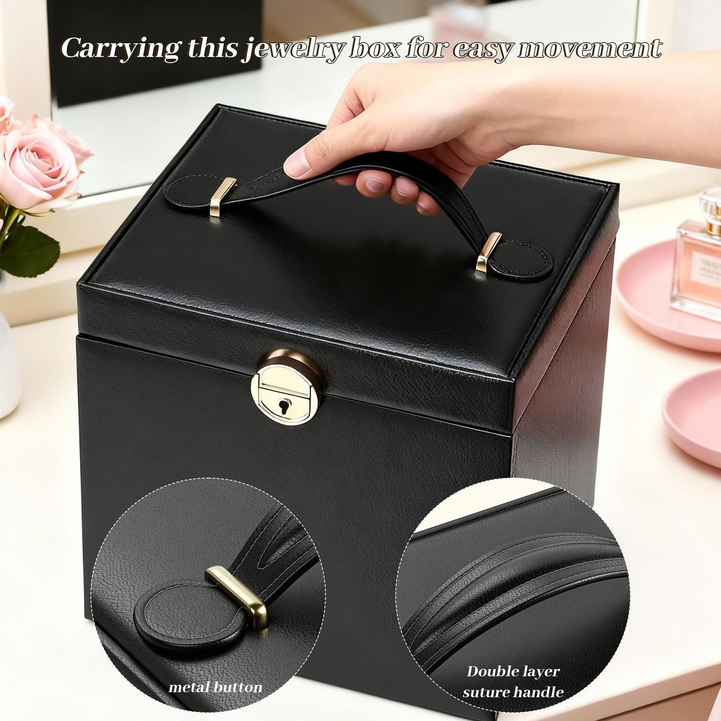 Jewelry Box for Women with Lock, 5-Layer Jewelry Organizer with Mirror & 4 Drawers, Lockable Faux Leather Storage Case for Ring Necklace Bracelet Earring, Elegant Gift for Girls Mom Girlfriend, Black