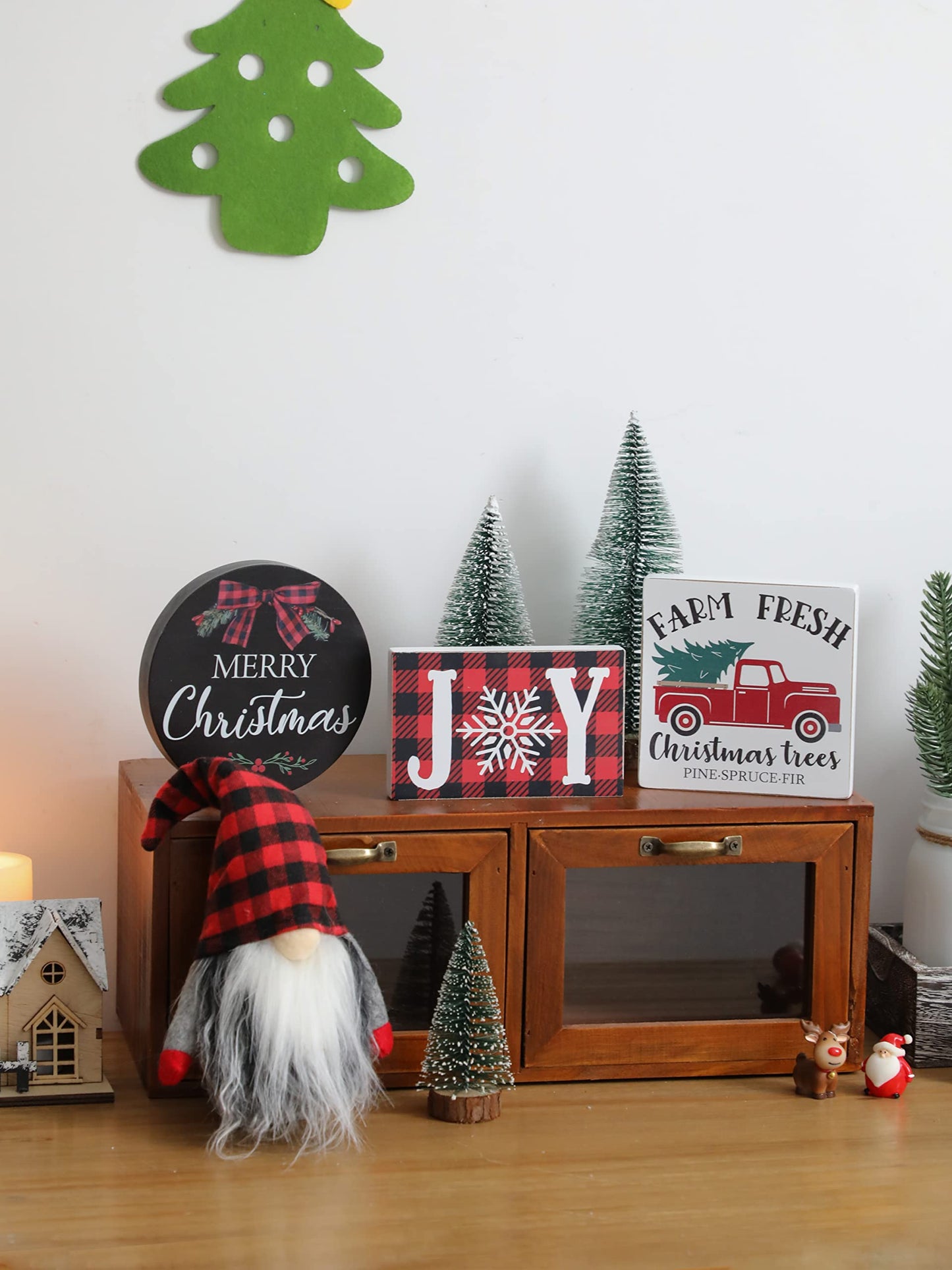 Christmas Tiered Tray Décor Set of 7, Merry Christmas Farm Fresh Truck, Joy Wood Sign Buffalo Plaid Gnome Plush and Trees, Farmhouse Table Home Party Shelf Fireplace Mantel Decor