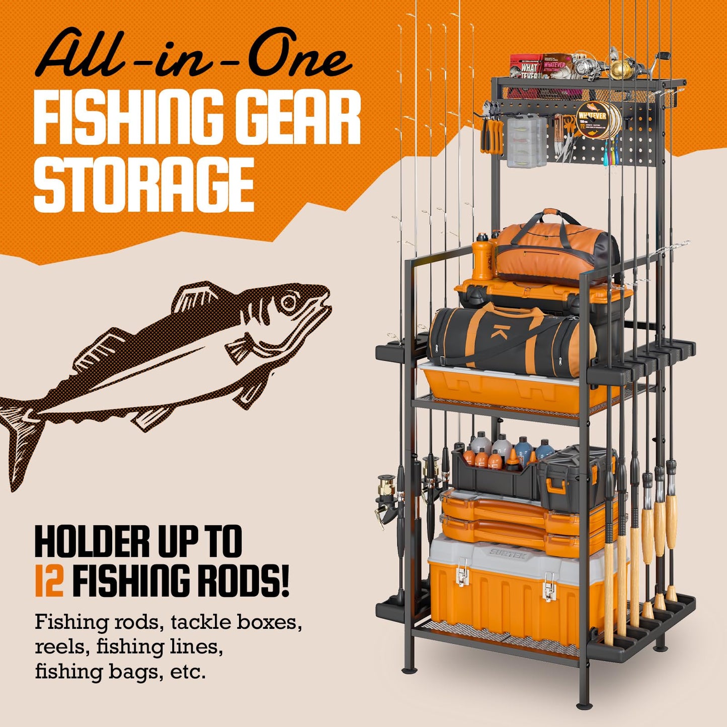 YQSLYSF Fishing Rod Holders for Garage with Pegboard & Metal Mesh Basket, Fishing Rod Storage Rack, Vertical Fishing Pole Holder for Up to 12 Poles, Tackle Gear Organizer