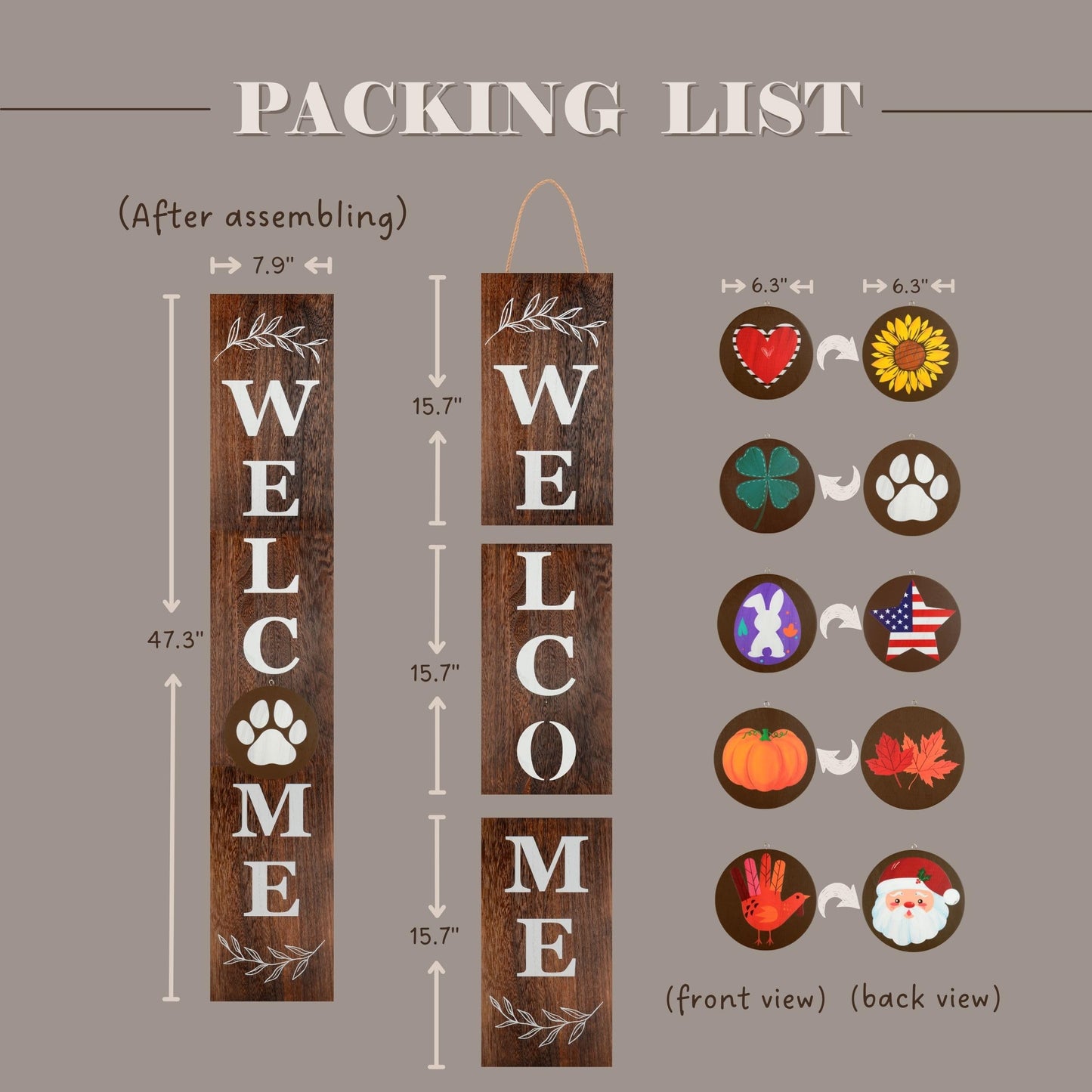 Perfnique Interchangeable Welcome sign for front porch standing, 47 x 7.9 Inch Black Wooden Leaner Sign with 10 Interchangeable Designed Icons, Morden Farmhouse Rustic Seasonal Decor for Spring