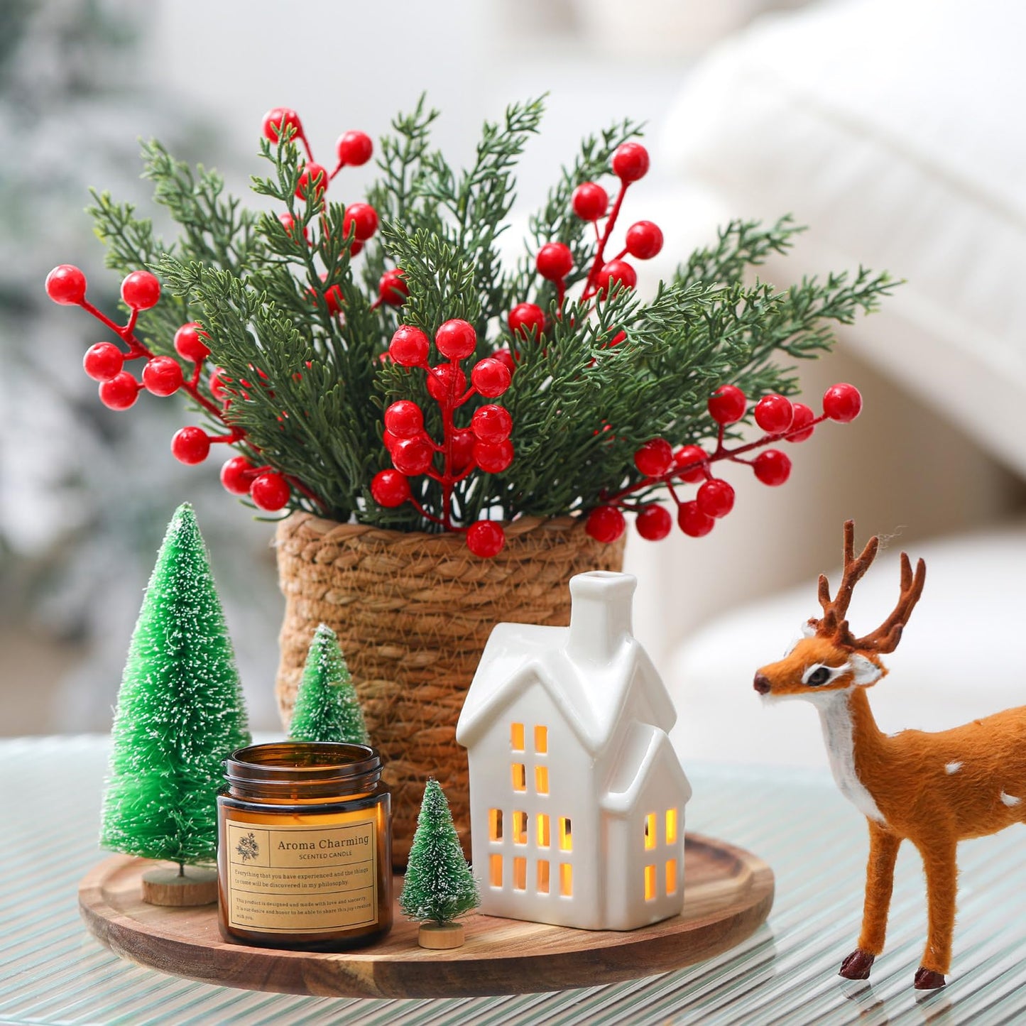 Pinkunn 25 Pcs Christmas Tray Decor Table Centerpieces with Round Wood Tray Scented Candles Ceramic Village House Mini Xmas Trees Pine Leaves Red Berries Rattan Flower Pot Xmas Decorative Set for Home