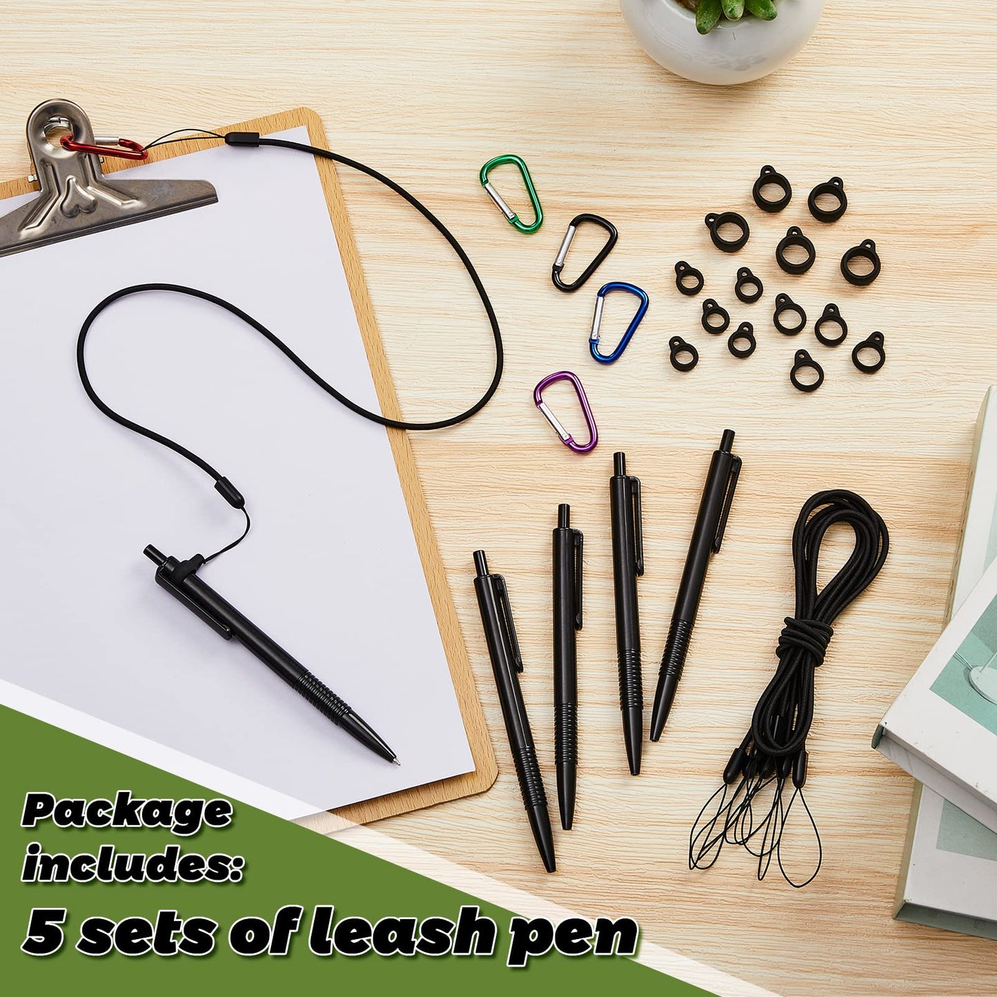 Lewtemi 5 Sets 24 Inch Pen Leash Tether for Clipboard Lanyard Holder Anti-Lost Pen Holder with Silicone Ring, Stylus Tether for Tablet Pens for Office Warehouse Supplies(Black, Classic Style)