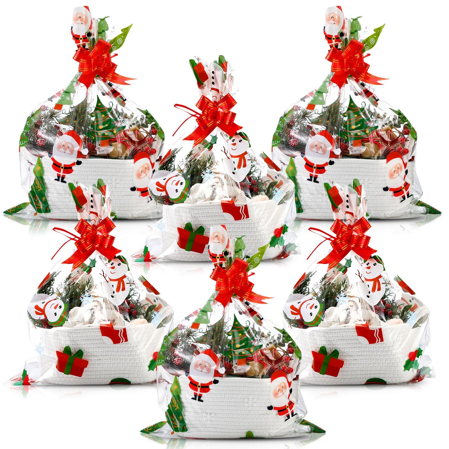 Teenyyou 18 Pcs Christmas Woven Baskets with Cellophane Gift Bags Bows 11 x 7 x 4 Inch Christmas Tree Empty Rope Basket Santa Claus Empty Decorative Storage Box for Gift Wrapping Xmas Party Decor