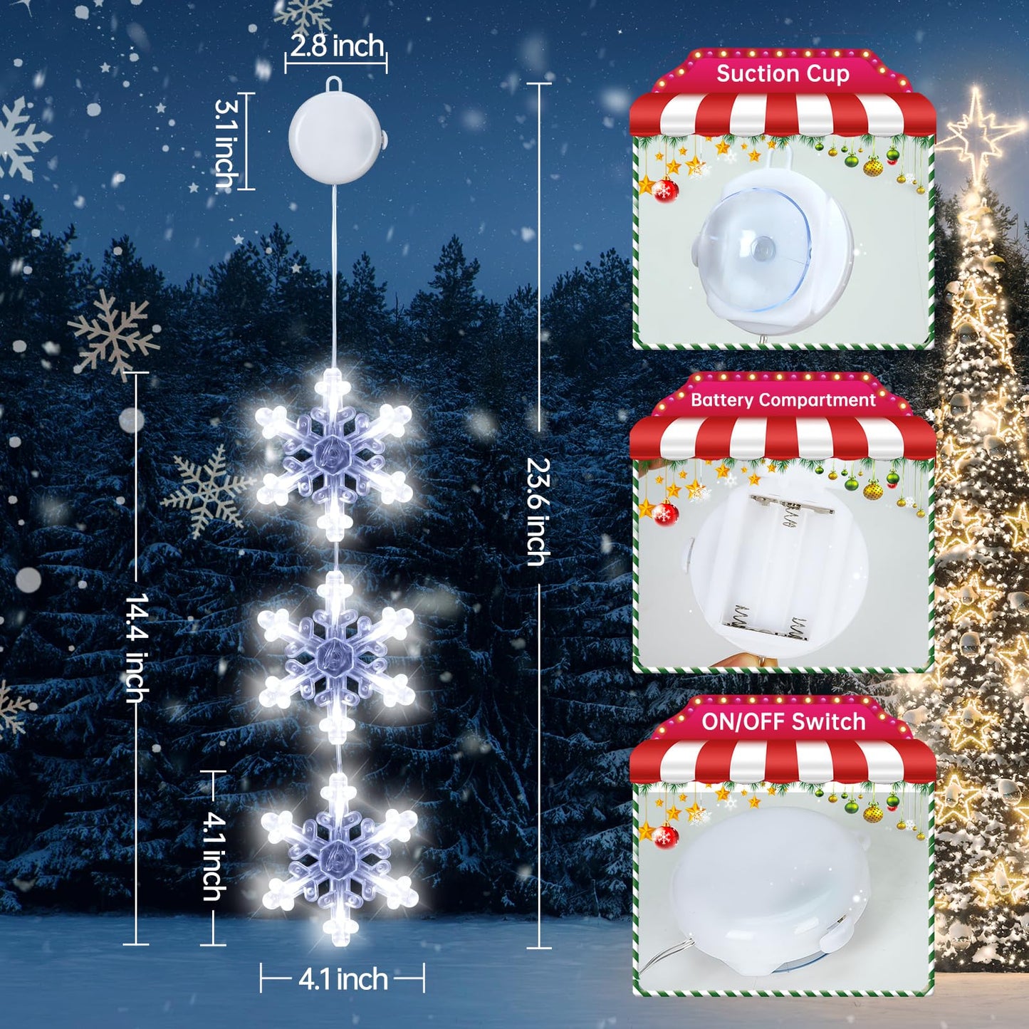 Christmas Decorations Lights, 3Pack White Snowflake Window Lights Battery Operated Christmas Light Hanging Lighted Window Decoration for Indoor Outdoor Xmas Tree Home Decor