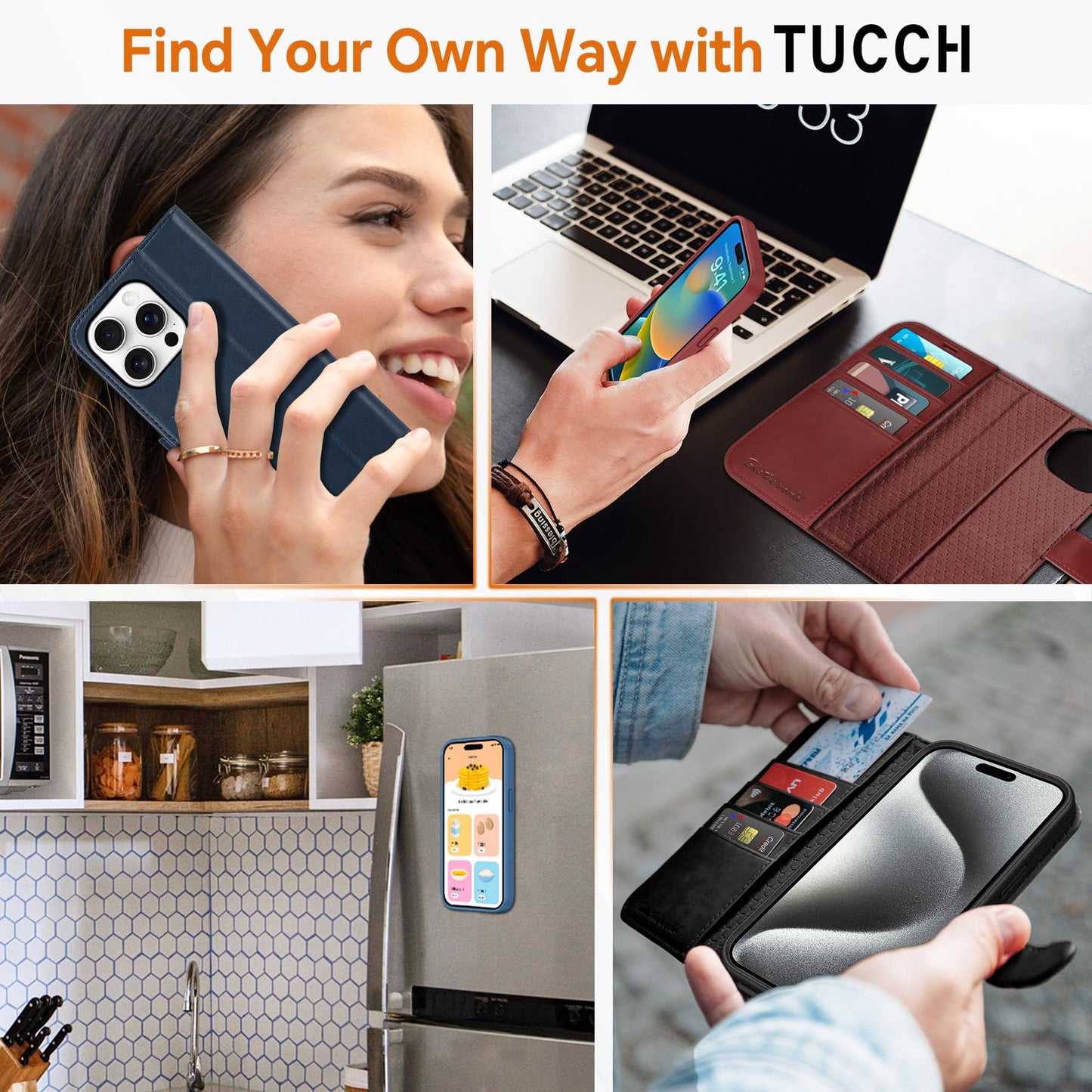 TUCCH Case Wallet for iPhone 15 Pro, Detachable Stand RFID Blocking 4 Card Slot Wireless Charging Shockproof Case, 2-in-1 Magnetic PU Leather Removable Folio Compatible with iPhone 15 Pro 6.1", Black