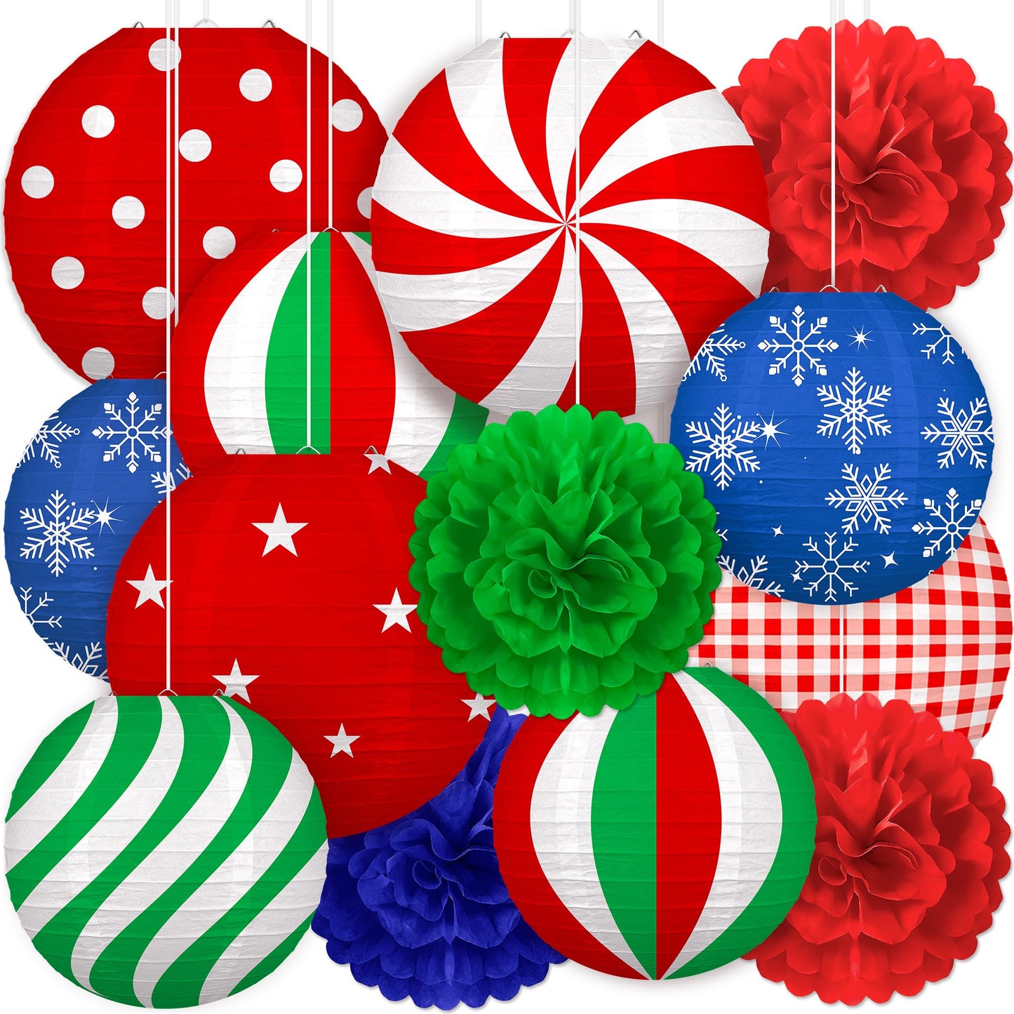 Renbuzhu 13PCS Christmas Decorations Ornaments Set – 9 Red Green Blue Hanging Paper Lanterns, 4 Pom Poms for Indoor, Home, Xmas Party, Porch Decor