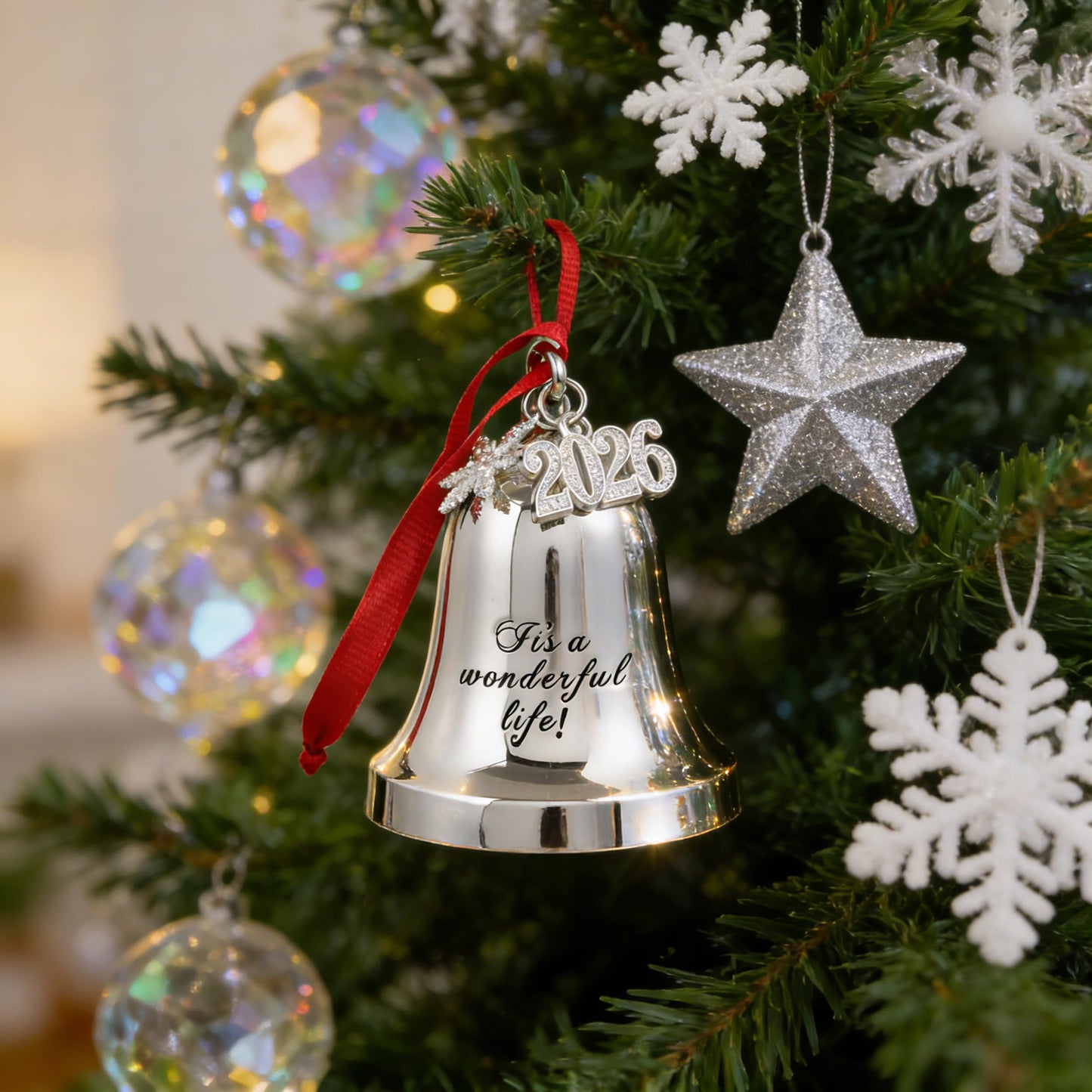 JUPPE 2026 Silver It's A Wonderful Life Christmas Bell Ornament for Christmas Tree Wedding Anniversary Decoration with Angel Wings, Hanging Bell for Door Opening, Crafts & Holiday Decor (Silver Bell)