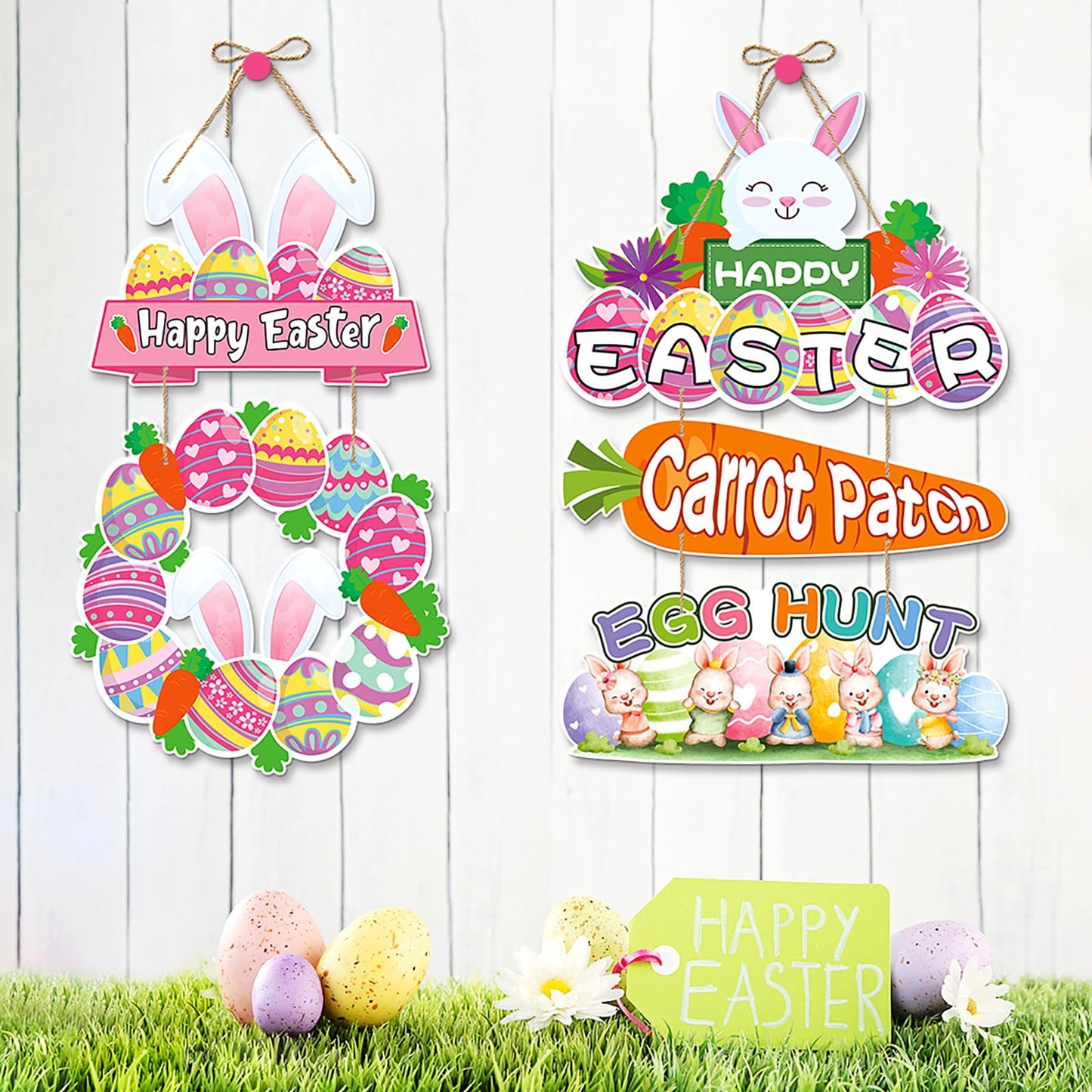 Easter Egg-Bunny Home Front-Door Hanger-Decor - 4pcs Pastel Rainbow Birthday Paper Signs Banners, Happy Easter Spring Wall Hanging Indoor Decorations Lasting Surprise