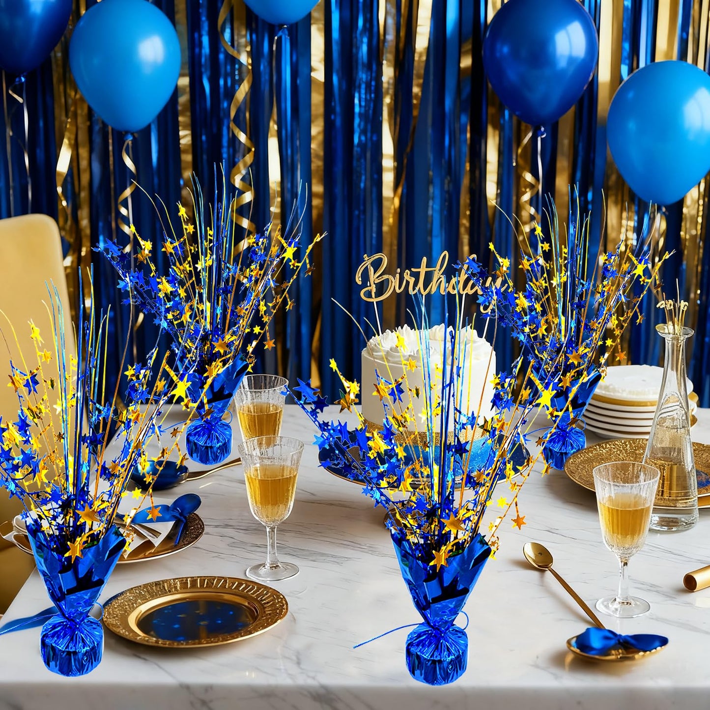 YinNorth 6 Pack Metallic Foil Spray Table Centerpiece Decoration Star Brust Glitter Table Topper Decor for Birthday Graduation Holiday Christmas New Year's Eve Celebration Party Supplies Gold and Blue