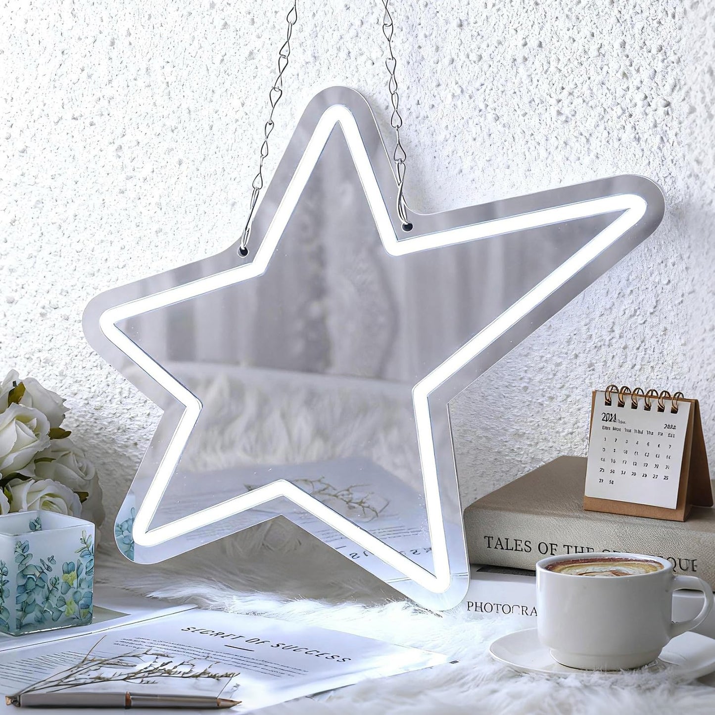 Bucherry Star Neon Mirror Sign, Star Room Mirror, USB LED Light, White, 12"x15", Decorative Wall Decor, Ideal for Bedroom, Party, Studio, Store, Gift