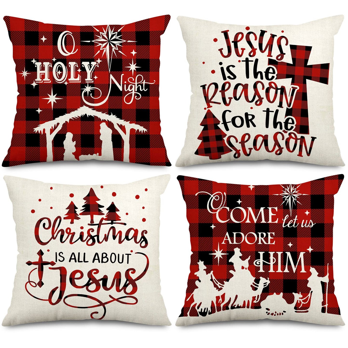 AnyDesign Christmas Pillow Cover 18 x 18 Inch Red Black Buffalo Check Plaids Holy Night Throw Pillow Case Decorative Cushion Cover Case for Farmhouse Home Couch Sofa, Set of 4