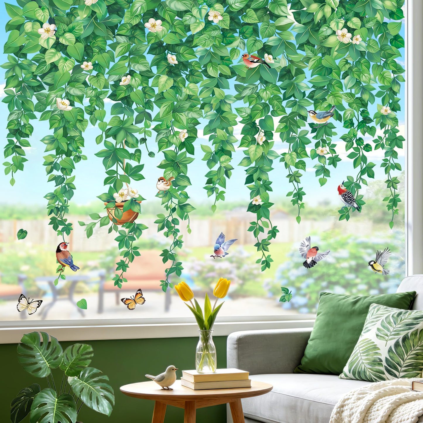 wondever Hanging Vine Eucalyptus Leaves Window Clings Green Plants Leaves Birds Glass Sticker Decal Anti Collision Double-Side Static Window Stickers for Home Glass