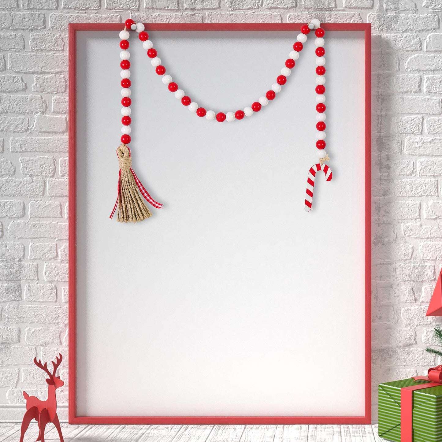 Chuangdi Christmas Wooden Bead Garland Wreath, 39 Inches Decorated with Candy Canes Tassels Wood Bead Garland for Christmas Tree Tiered Tray Decor Home Farmhouse Wall Hanging Ornaments(Red White)