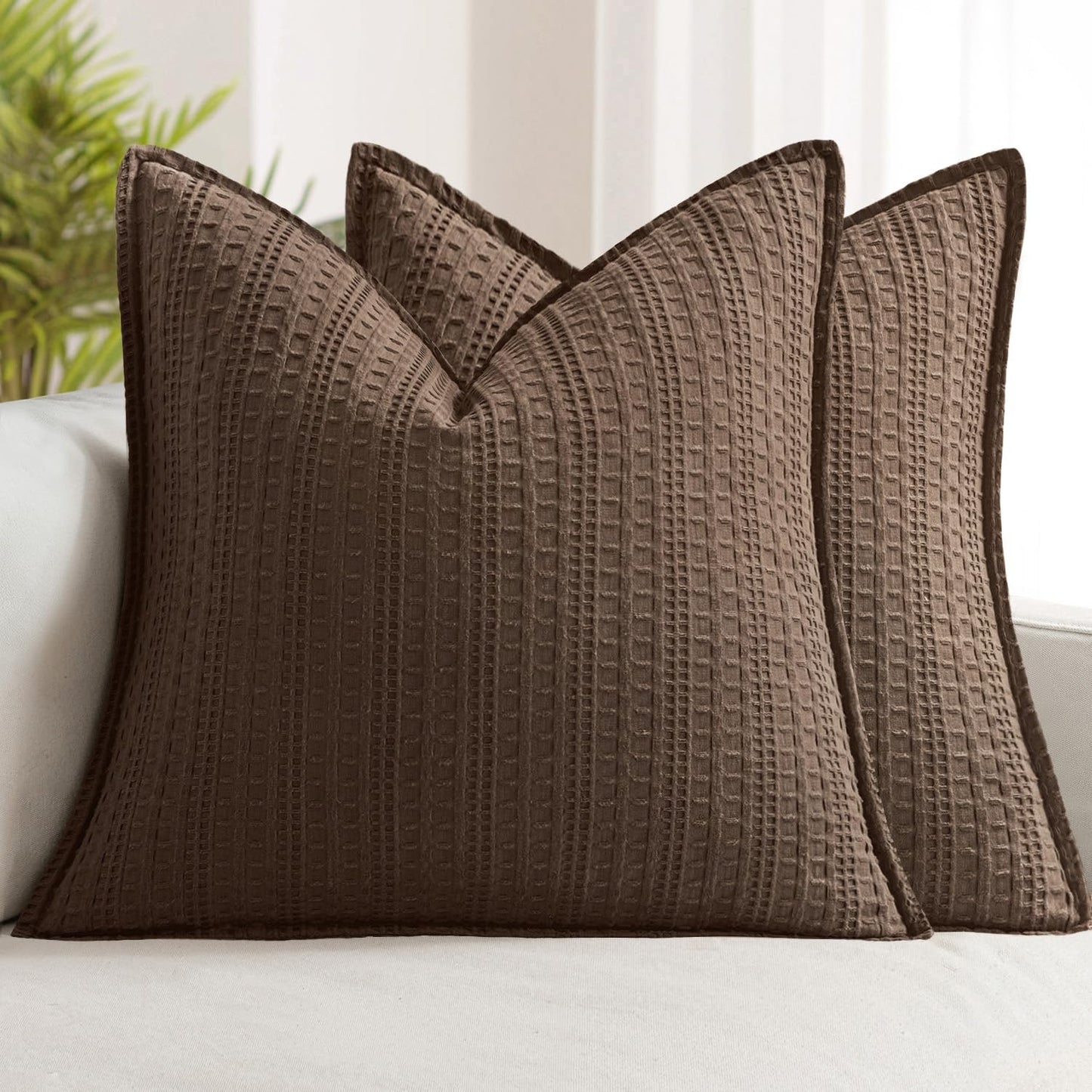 Woaboy Set of 2 Decorative 100% Cotton Waffle Throw Pillow Covers 18x18, Neutral Euro Shams Weave European Cushion Cases for Couch Sofa Bed Modern Farmhouse Home Decor, Reddish Brown
