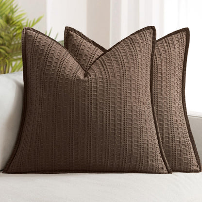 Woaboy Set of 2 Decorative 100% Cotton Waffle Throw Pillow Covers 18x18, Neutral Euro Shams Weave European Cushion Cases for Couch Sofa Bed Modern Farmhouse Home Decor, Reddish Brown