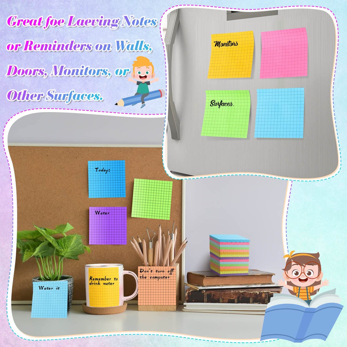 Geosar 24 Pack Lined Grid Sticky Notes 3 x 3 Inch Note Colorful Self Stick Notes Power Memo Pads Strong Adhesive Self Stick Note for Gifts School Office Supplies 8 Colors(Bright Color)