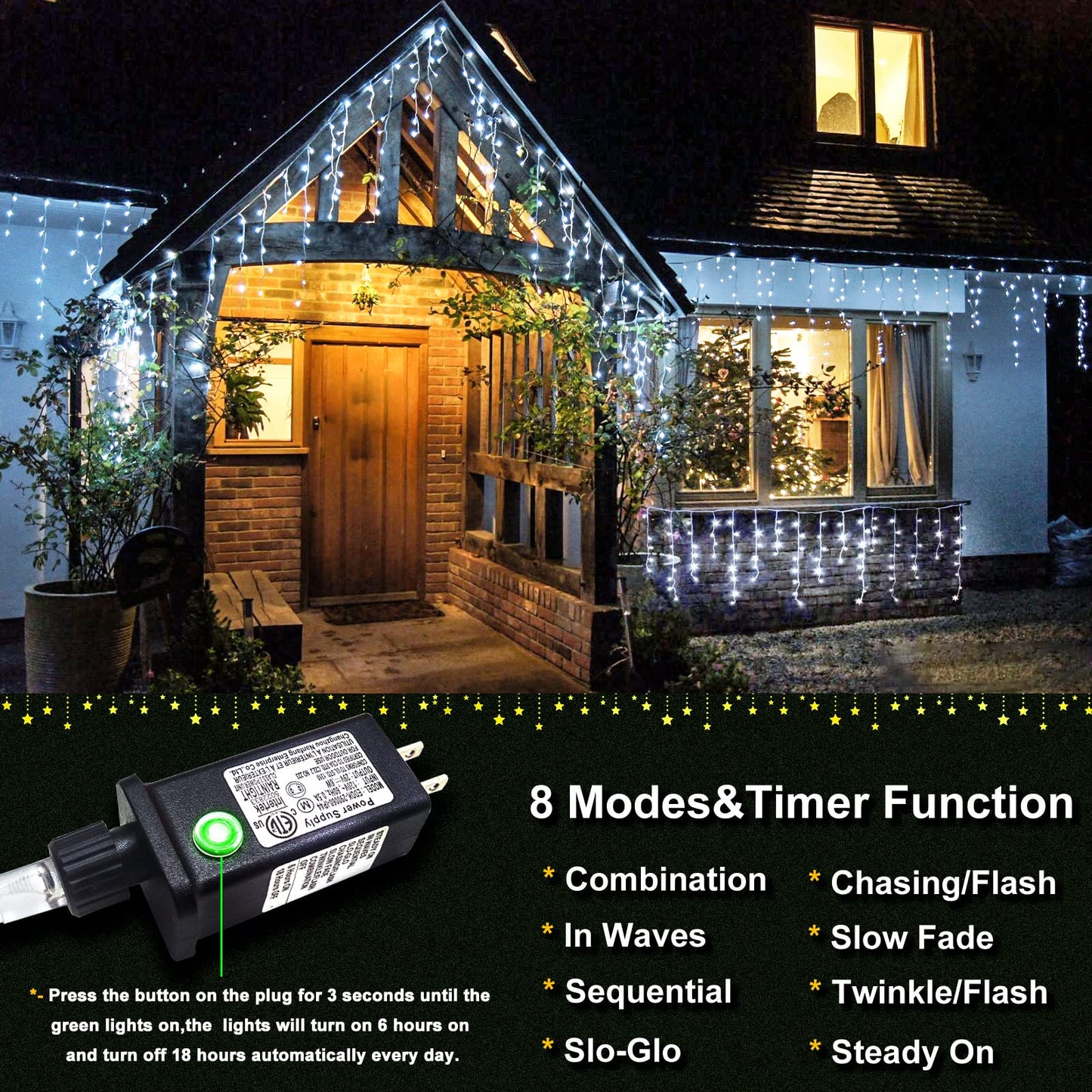 Icicle Lights for Outside 33ft 400 LED Icicle Christmas Lights Outdoor with 8 Modes 75 Drops Waterproof Plug in Fairy Curtain Lights with Timer for Party Holiday Wedding Decorations, Cool White