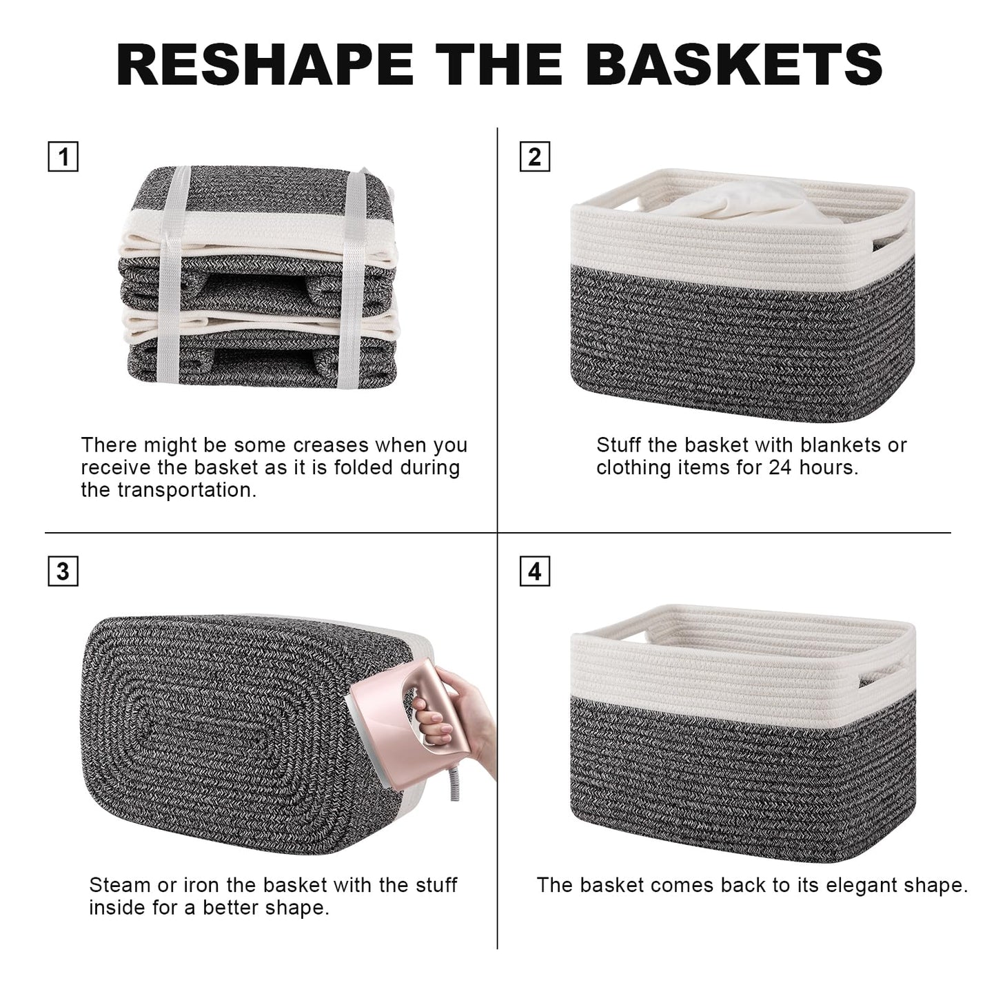SIXDOVE 4 Pack Storage Baskets for Organizing, Woven Baskets for Shelves - Perfect for Toys, Books, Towels, and Clothes, Durable Gift Basket Bins Toy Storage, 12.7''Lx9''Wx7.8''H, Black & White