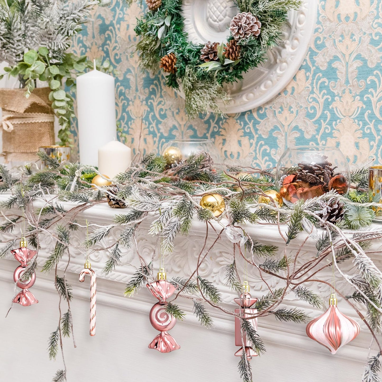 Aoriher 24 Pcs Christmas Candy Cane Ornament Pink Plastic Peppermint Candy Christmas Decorations Rose Gold Xmas Hanging Lollipop Pattern Decorations with Rope for Xmas Holiday Festival Decor