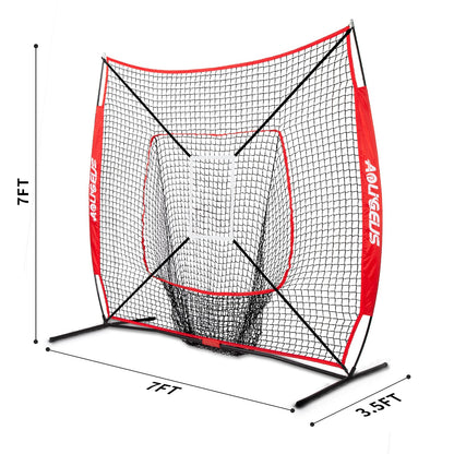 AOLIGEIJS 7'X7' Baseball Softball Practice Net,Pitching Net, Batting Net,with Tee,Bonus Strike Zone and Bow Frame,for Hitting,Pitching, Catching,with Carry Bag (Basebll Net+Batter Dummy) Red